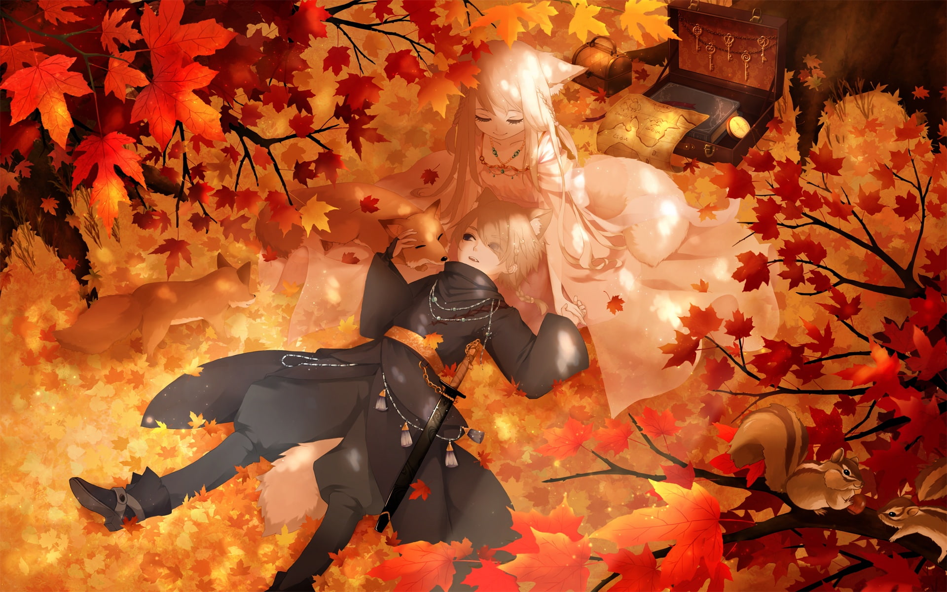 blonde, black, foxgirl, 243281, long, short, ears, mimi, com, (tetoru09), male, animal, sword, book, hair, tail, autumn, konachan, eyes, weapon, leaves, HD Wallpaper