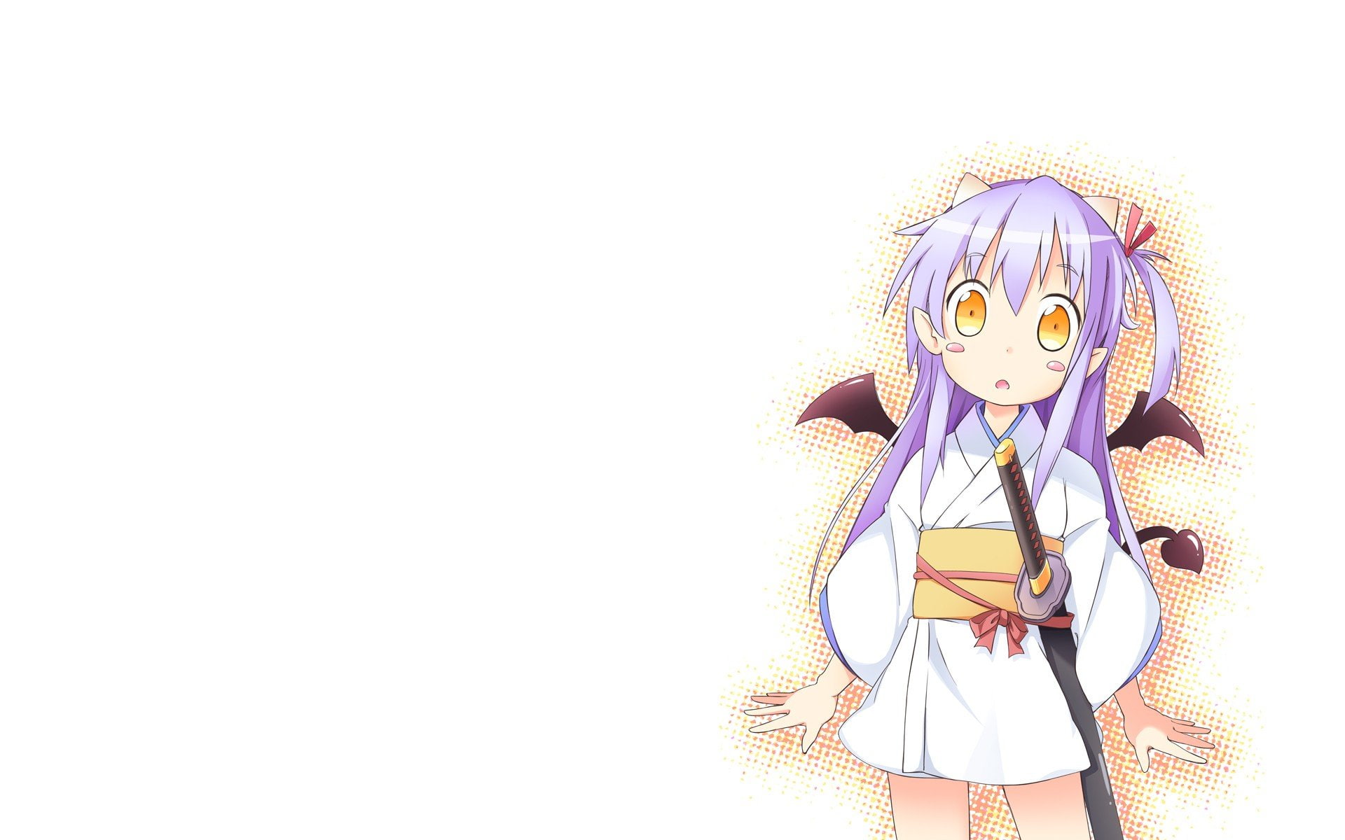 hair, 1080P, japanese, white, yellow, swords, katana, eyes, purple, sengoku, wings, girls, background, long, simple, anime, tsukahara, horns, weapons, HD Wallpaper