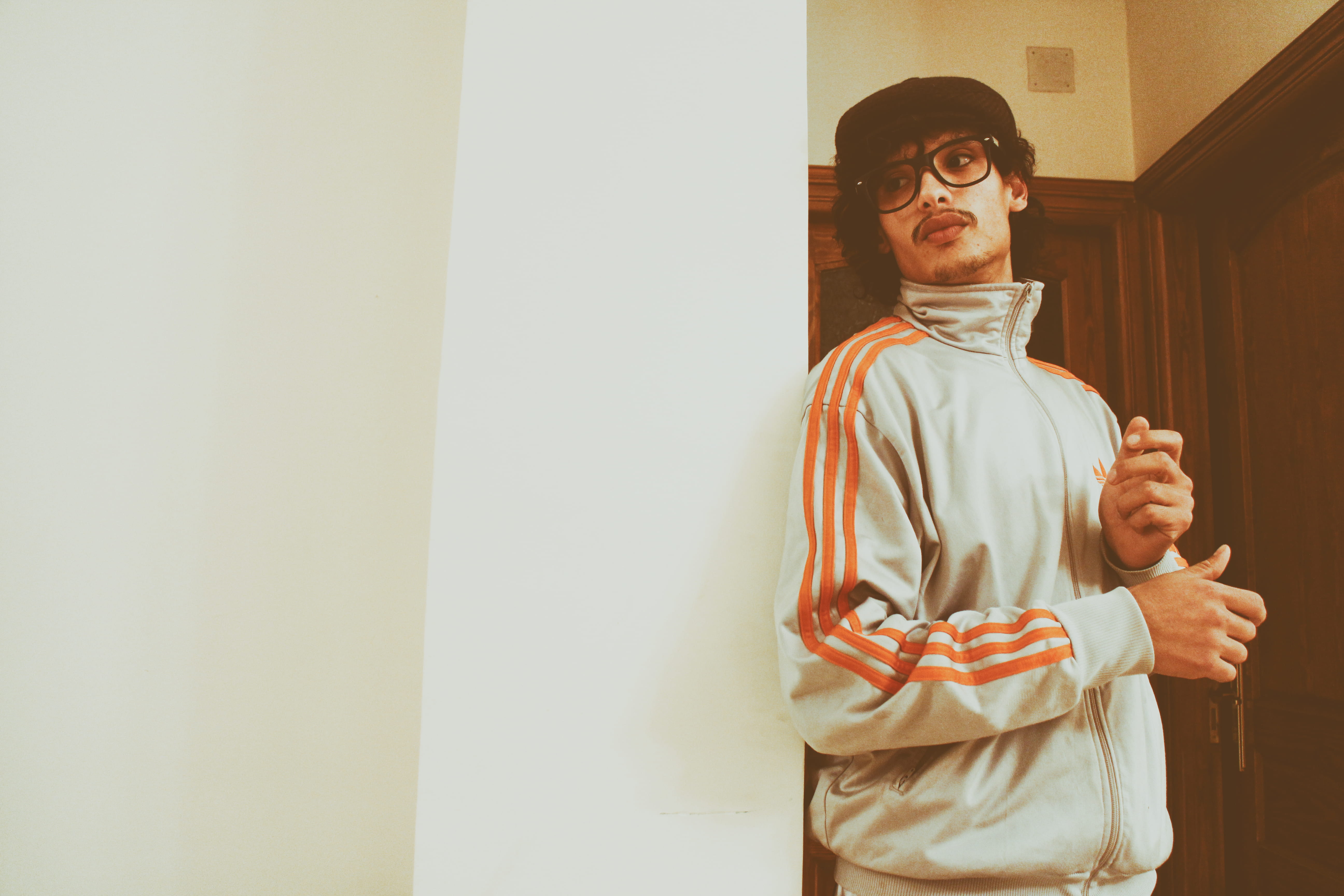 adult, allergic, think, portrait, young men, one person, traditional clothing, standing, tracksuit, adidas, 5K, man, glasses, looking at camera, leaning, HD Wallpaper