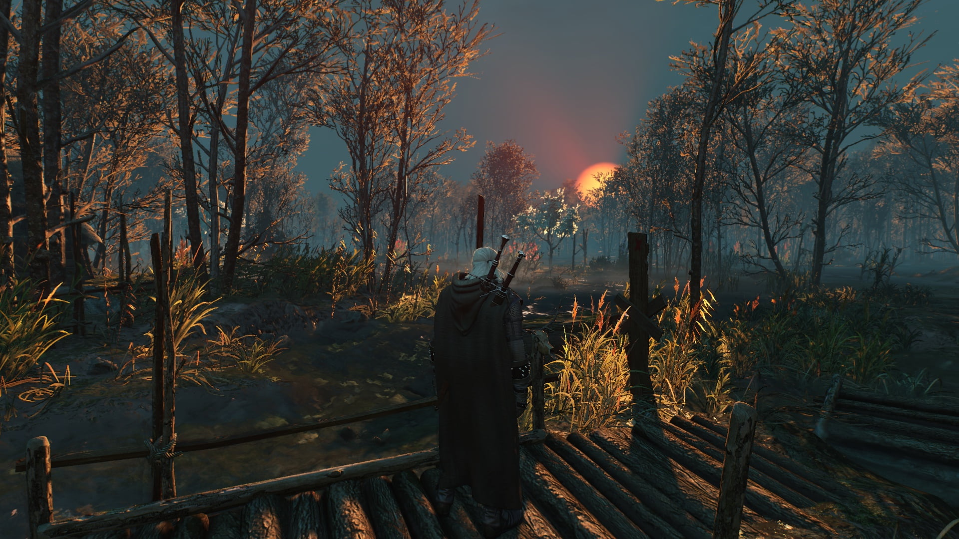 sunset, The Witcher 3: Wild Hunt, 1080P, white hair, video game characters, screen shot, Geralt of Rivia, Velen, The Witcher, CD Projekt RED, HD Wallpaper