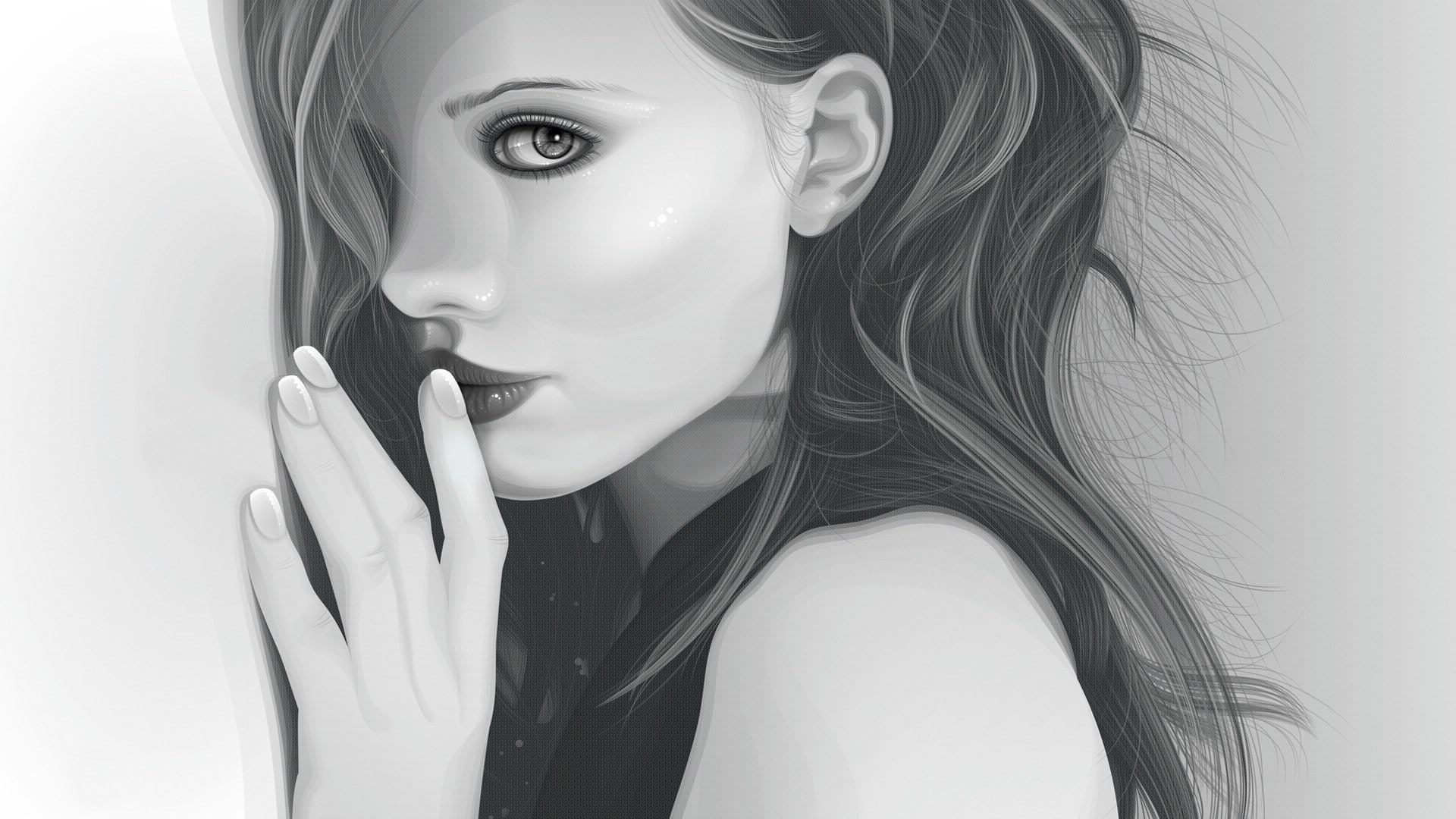 hair, black, artwork, 1080P, portrait, white, Kate Beckinsale, monochrome, HD Wallpaper