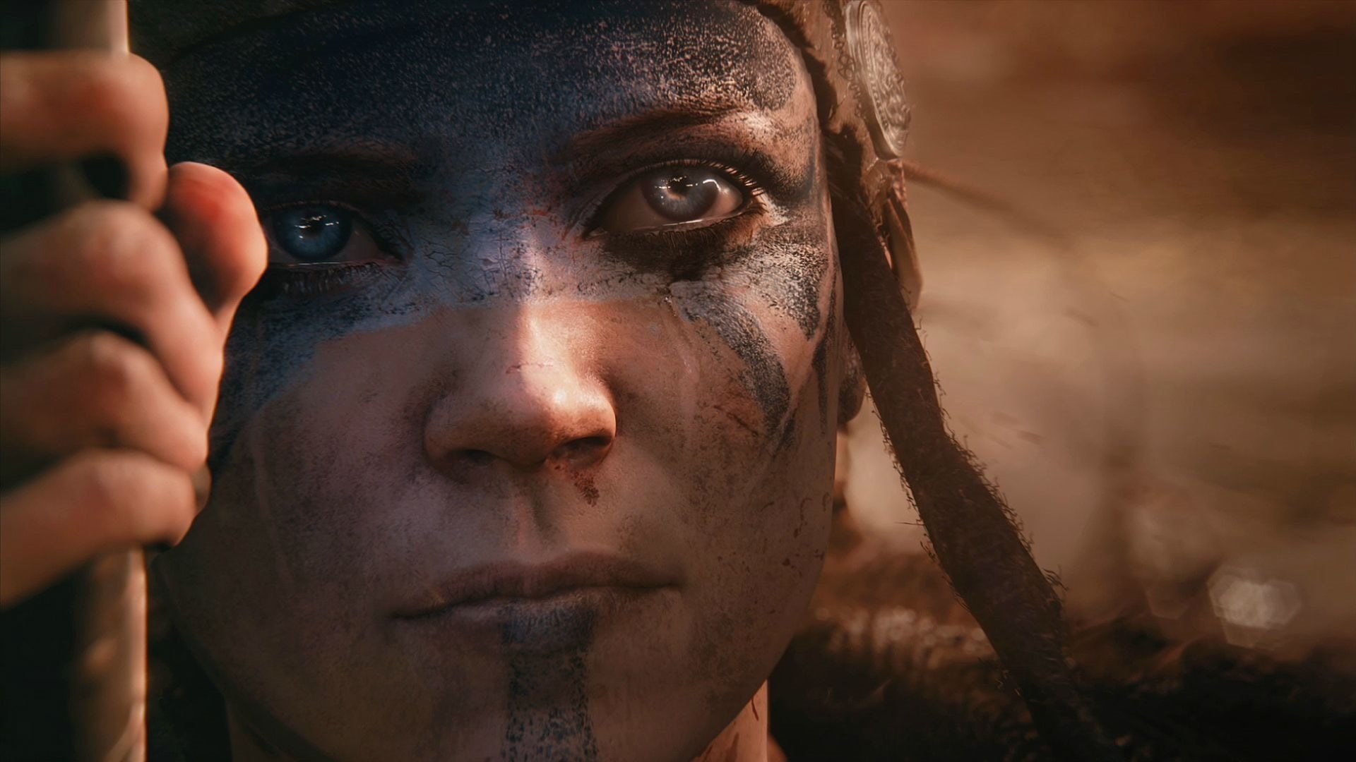 one person, looking at camera, adult, portrait, make-up, human face, close-up, serious, dark, human body part, Senua (Hellblade), face paint, headscarf, HD Wallpaper
