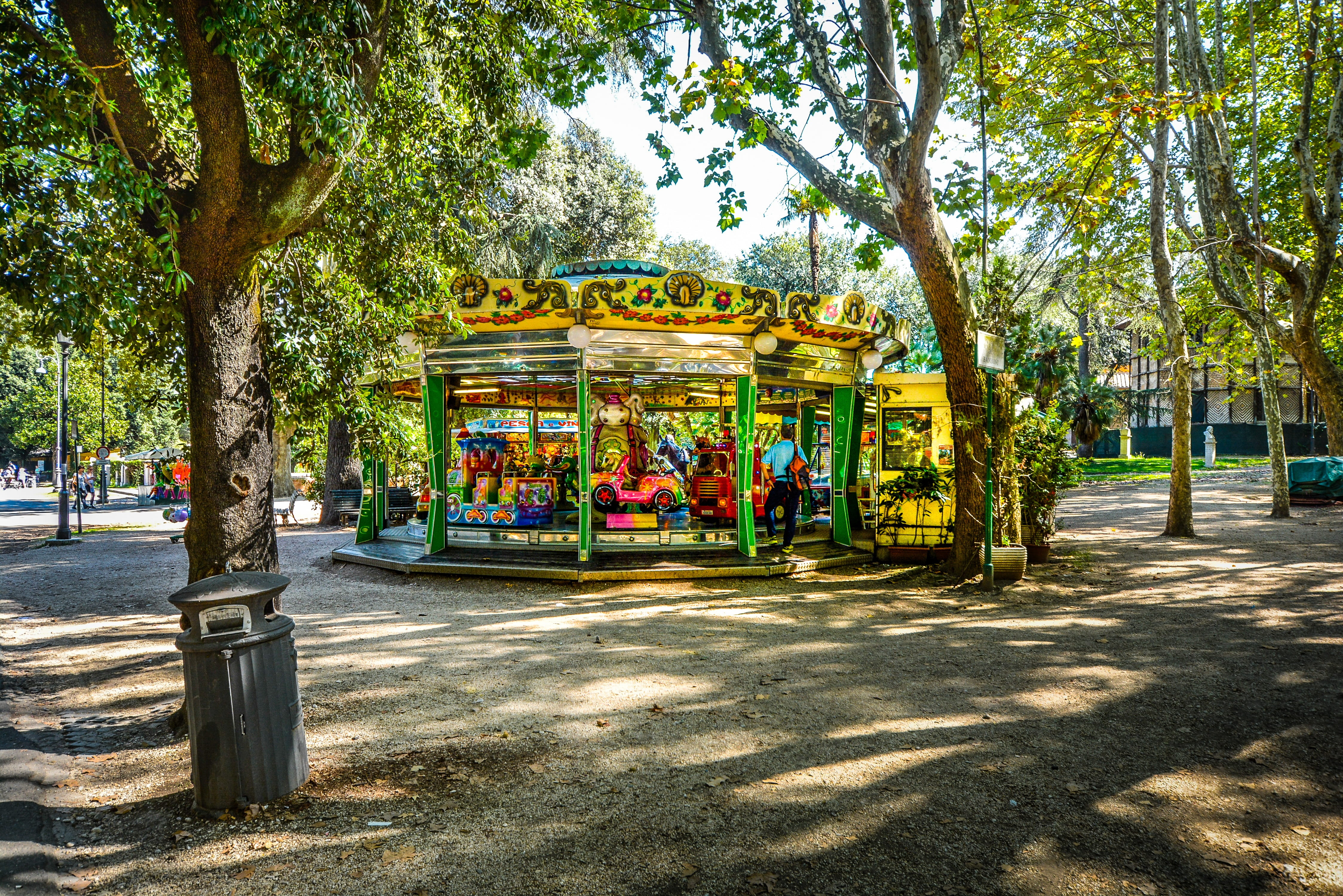 shadow, carnival, plant, italy, multi colored, building exterior, no people, sunlight, Villa, Carousel, amusement park, architecture, roman, tree, park, HD Wallpaper