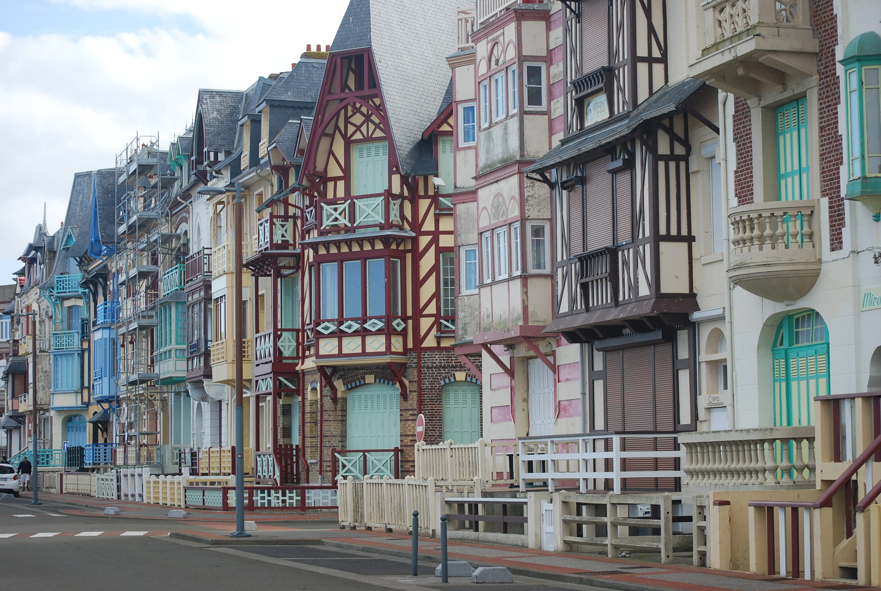 sky, facade, built structure, architecture, low angle view, outdoors, sign, transportation, railing, nature, window, road, street, france, house, colorful houses, HD Wallpaper