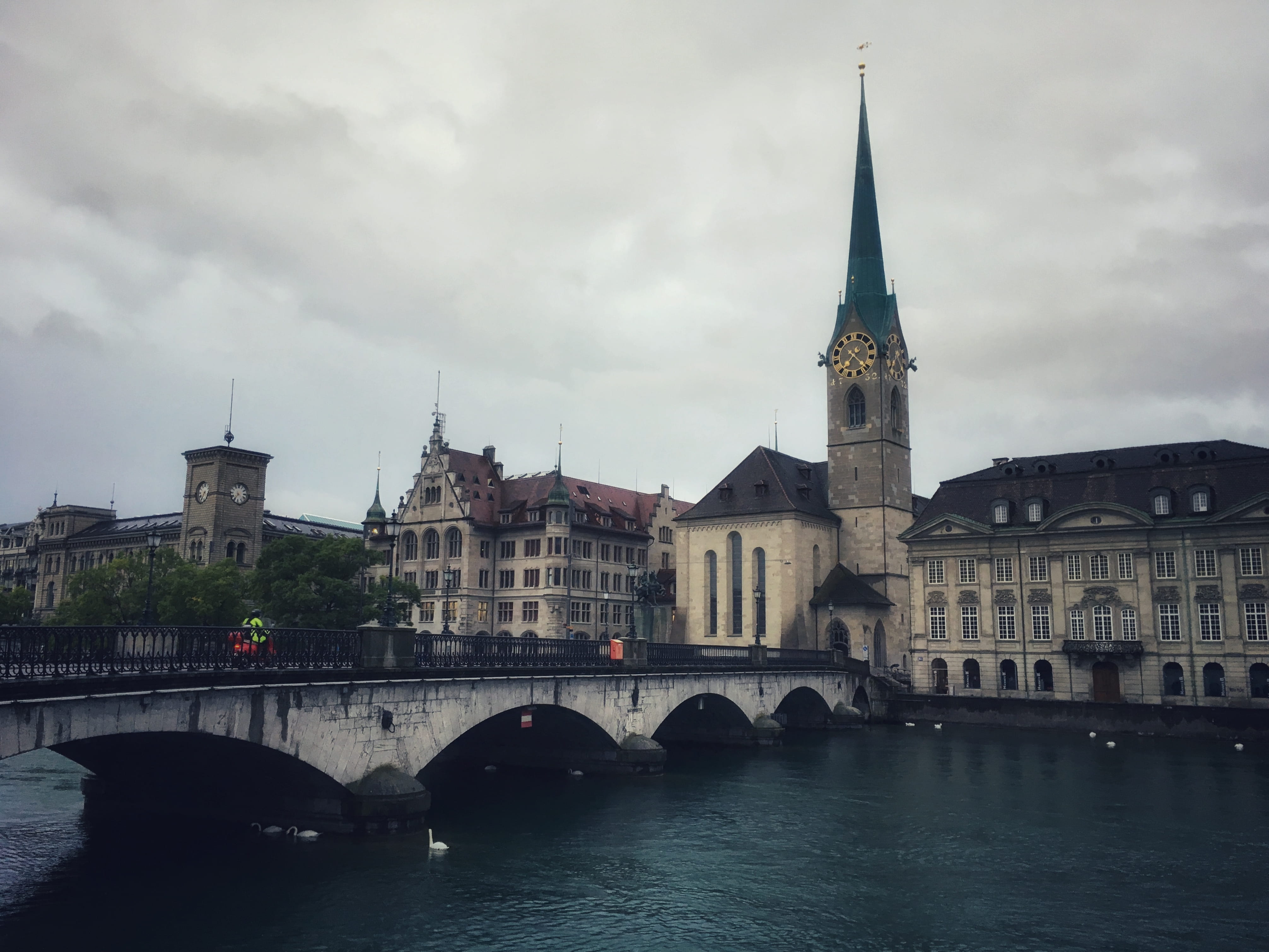 outdoors, water, built structure, no people, waterfront, arch bridge, spire, travel, arch, zurich, kirche, cloud - sky, nature, sky, switzerland, architecture, HD Wallpaper