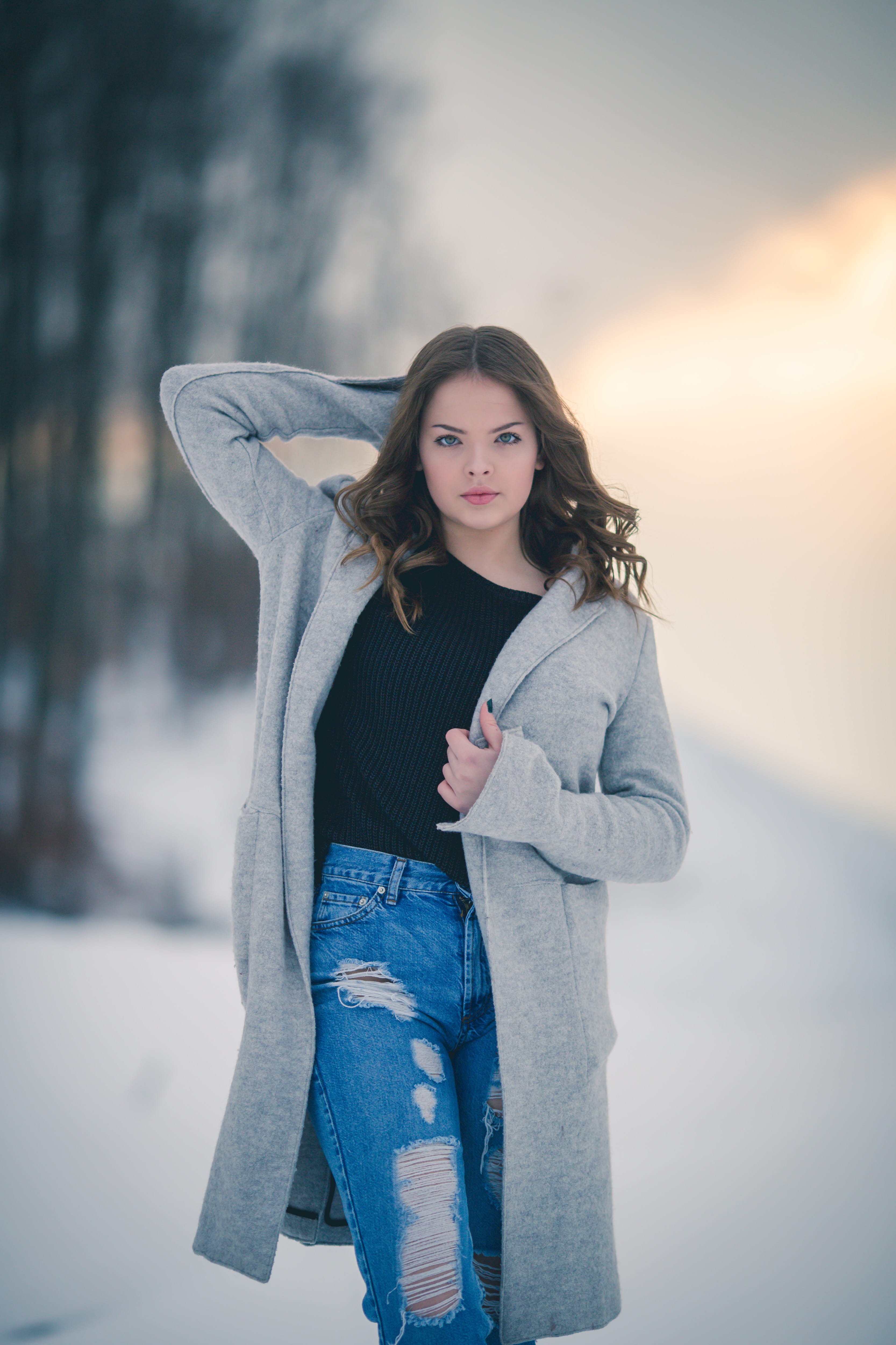 portrait, one person, sunset, hairstyle, clothing, face, leisure activity, bokeh, warm clothing, cold, snow, looking at camera, beautiful woman, scarf, Phone HD Wallpaper