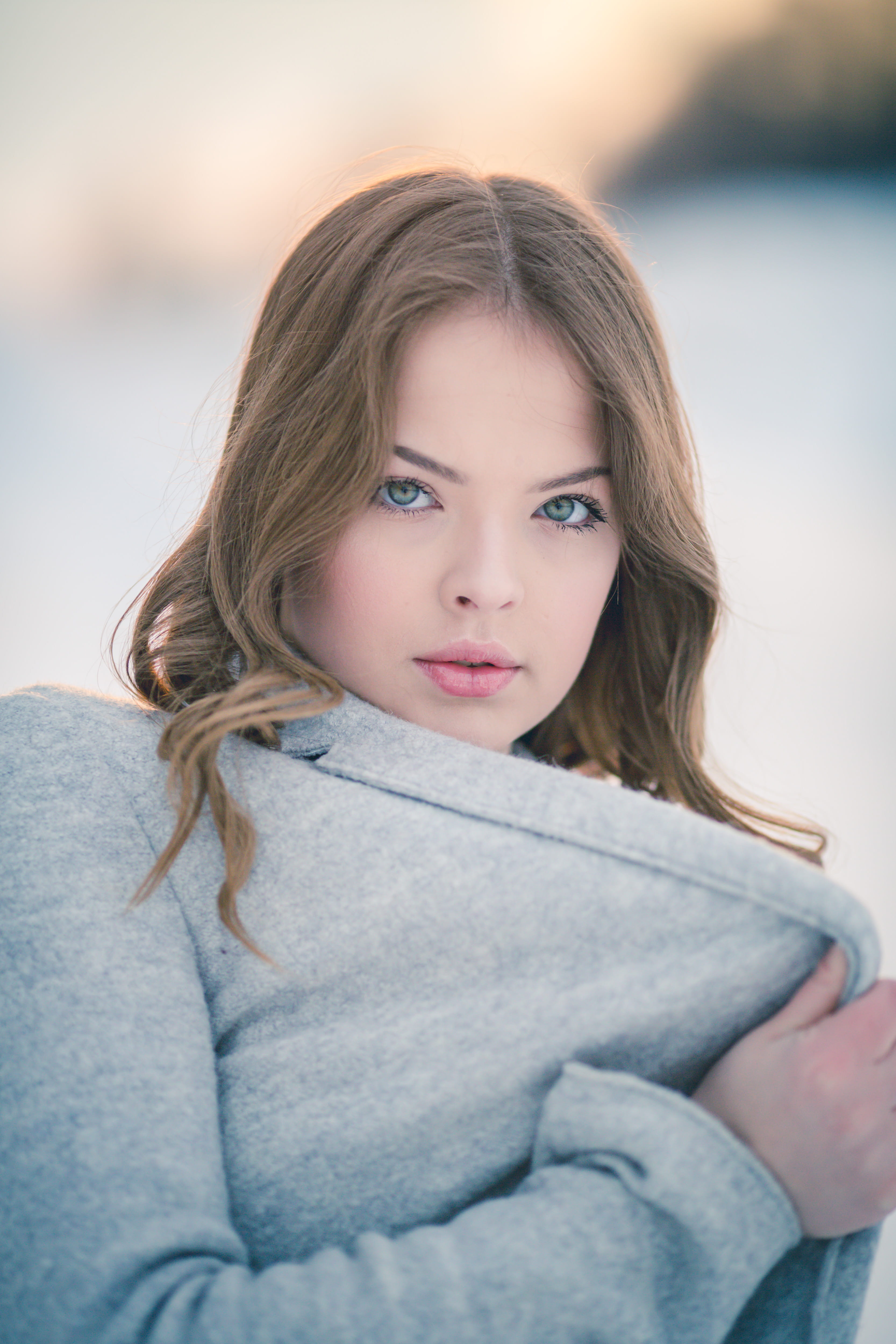 casual clothing, child, girl, adolescence, looking at camera, long hair, canon 5d, sunset, one person, female, bokeh, winter, women, hair, 4K, snow, innocence, Phone HD Wallpaper