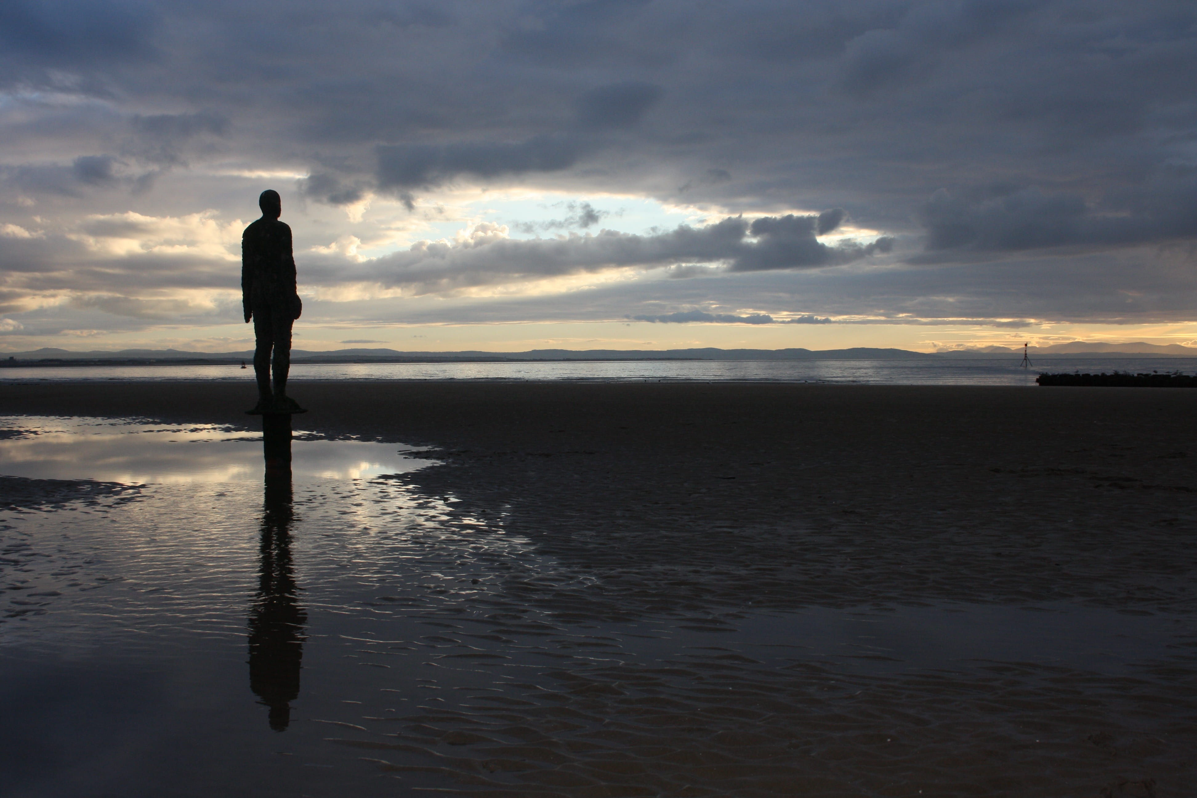 merseyside, statue, beach, crosby, sunset, costa, scenics - nature, beauty in nature, cloud - sky, contemplation, horizon over water, reflection, men, sky, HD Wallpaper
