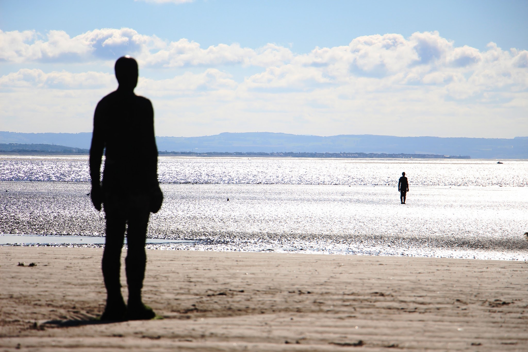 nature, beaches, another, sun, standing, sky, people, men, blue, crosby, silhouette, clouds, land, place, water, merseyside, seaside, sea, statue, real people, HD Wallpaper