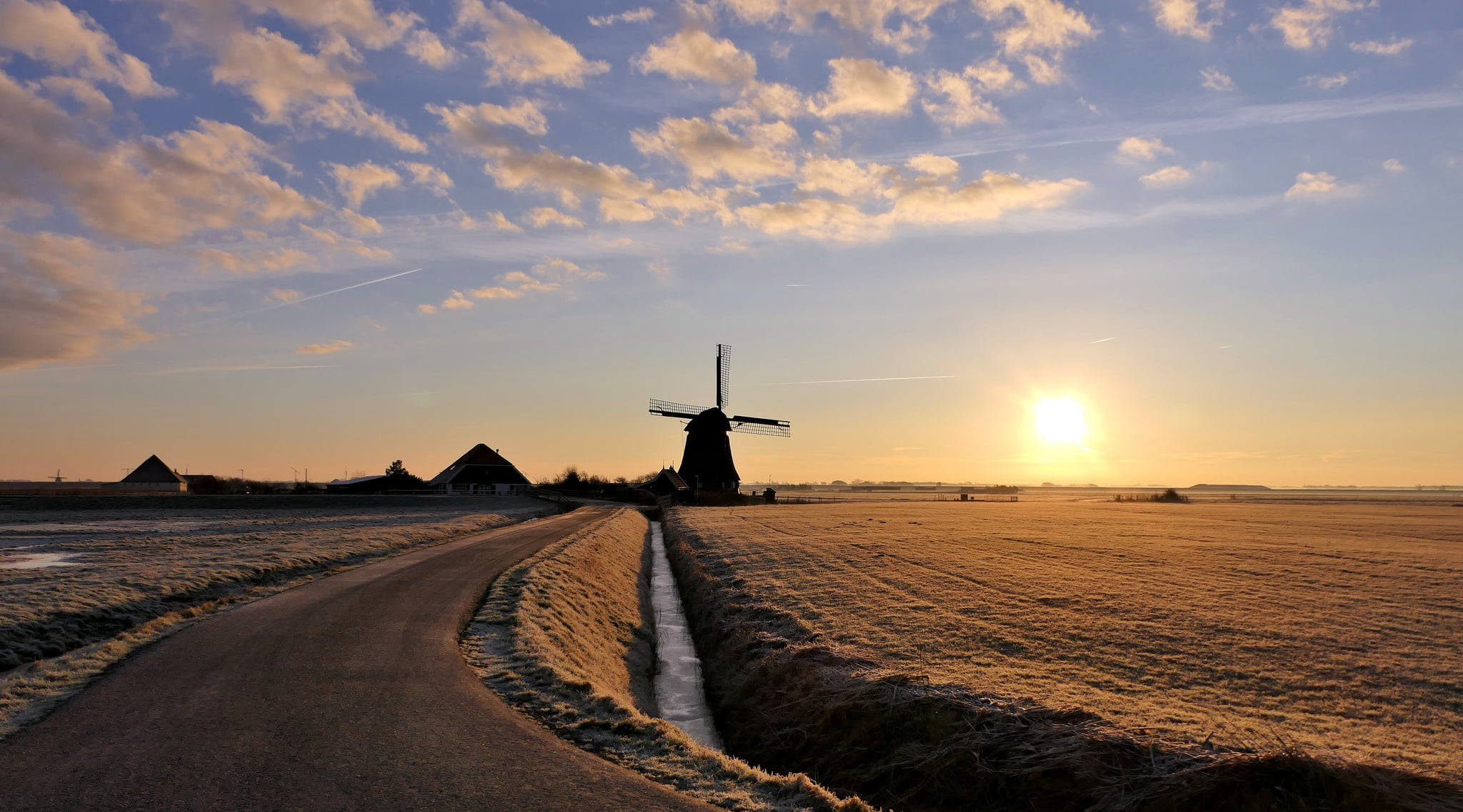 1080P, field, road, the sun, mill, clouds, Winter in de Polder, the sky, home, winter, HD Wallpaper