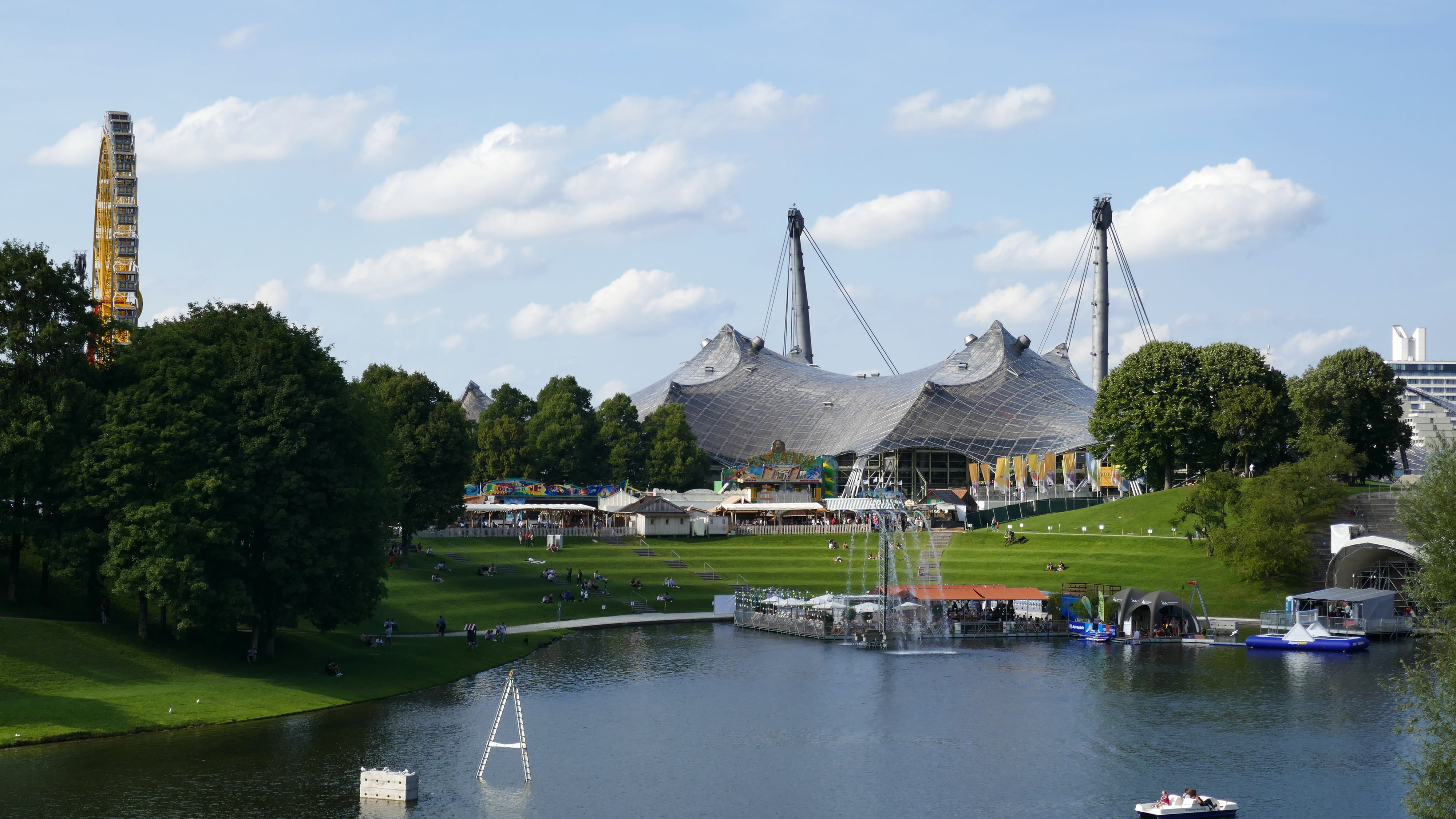 day, water, city, building, events, lake, transportation, sky, park, olympic park, destination, 4K, nautical vessel, waterfront, places of interest, cloud - sky, HD Wallpaper