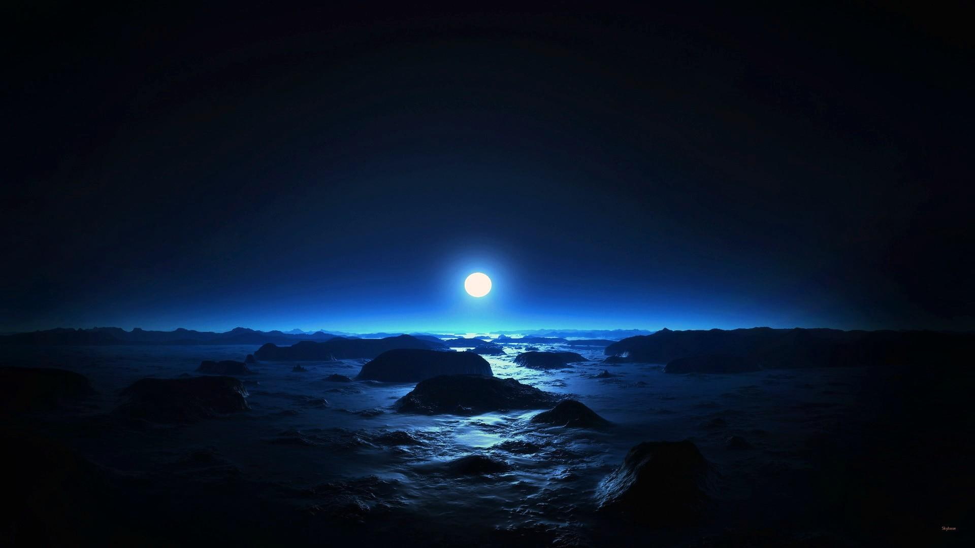 1080P, nature and landscapes, blue, moon, misty, night, HD Wallpaper
