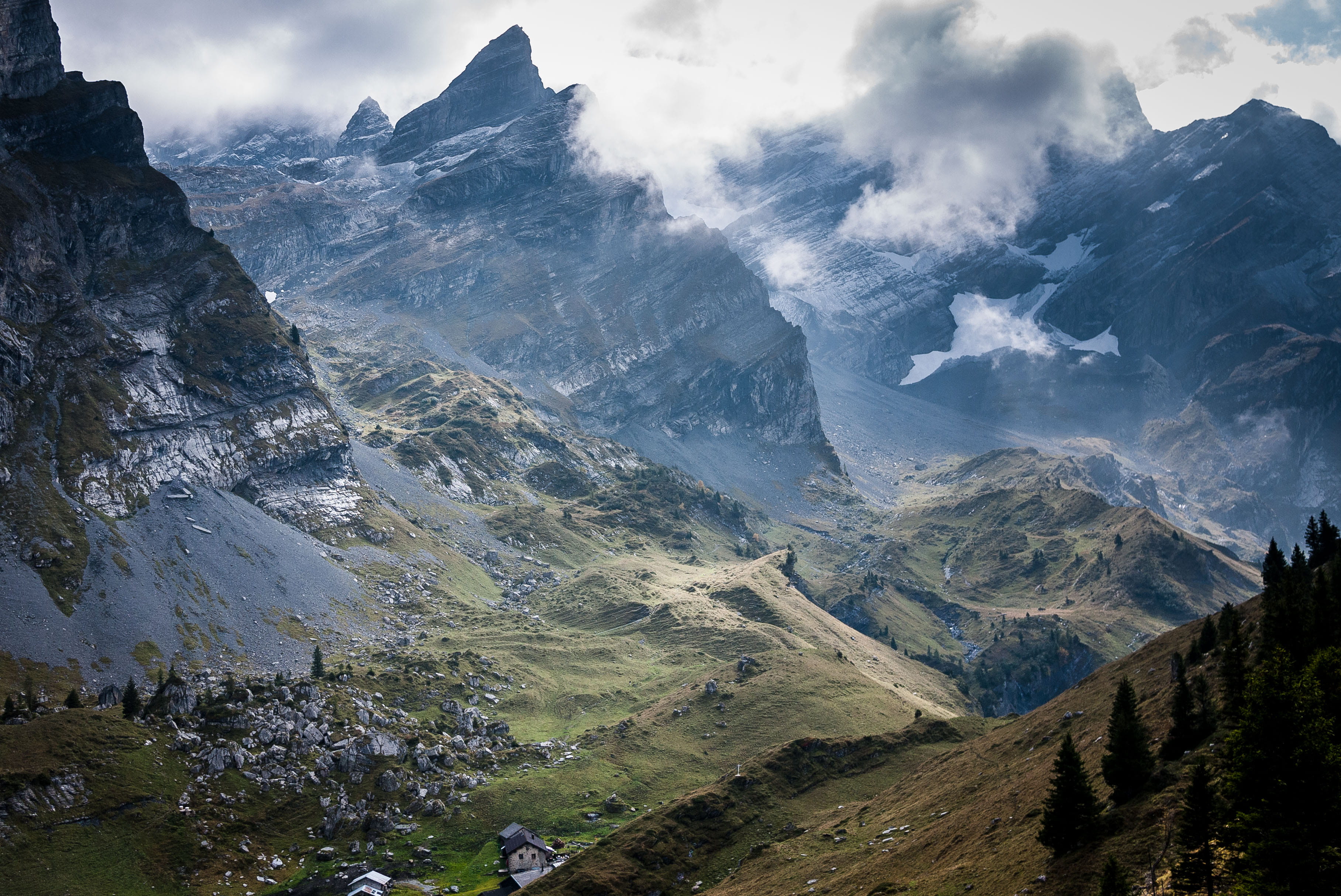 cold temperature, non-urban scene, mountain Peak, photo, aerial, day, sky, Swiss alps, trees, cloud - sky, mountain, misty, skyrim, green, peak, cloud, HD Wallpaper
