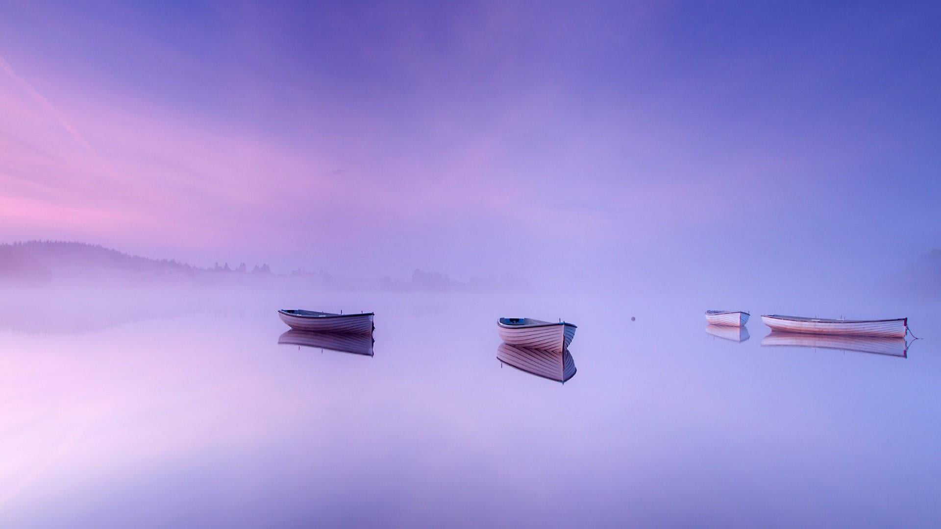 tranquil scene, no people, daytime, atmosphere, phenomenon, 1080P, tranquility, calm, boats, outdoors, creativity, reflection, colored background, mist, HD Wallpaper