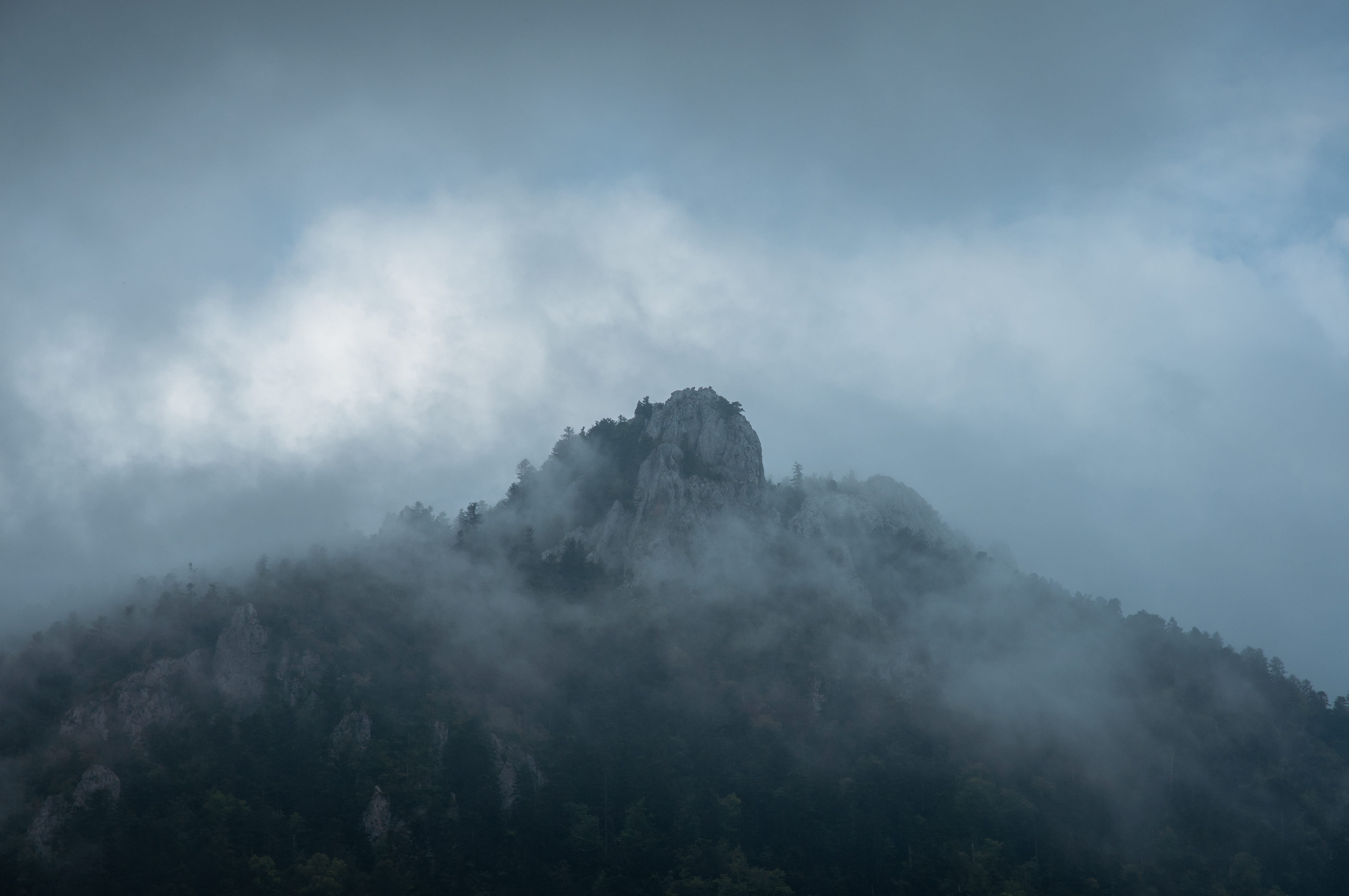 aerial, rock, plant, cloud, tranquil scene, misty, no people, land, non-urban scene, fog, photo, dramatic, green, legend, forest, mountain range, HD Wallpaper