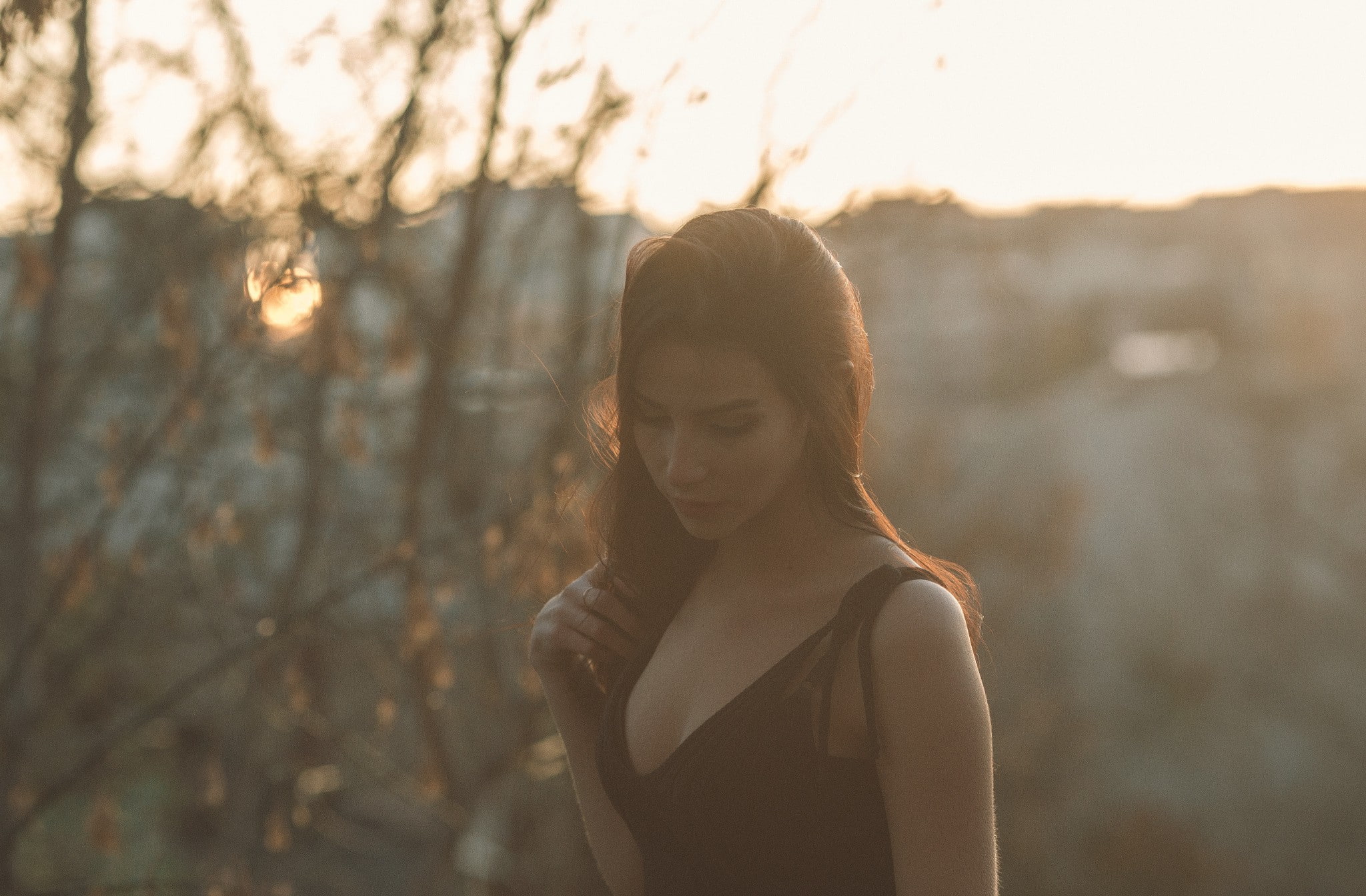 looking down, redhead, black tops, face, women outdoors, outdoors, trees, long hair, hair, depression - sadness, contemplation, beautiful woman, hairstyle, HD Wallpaper