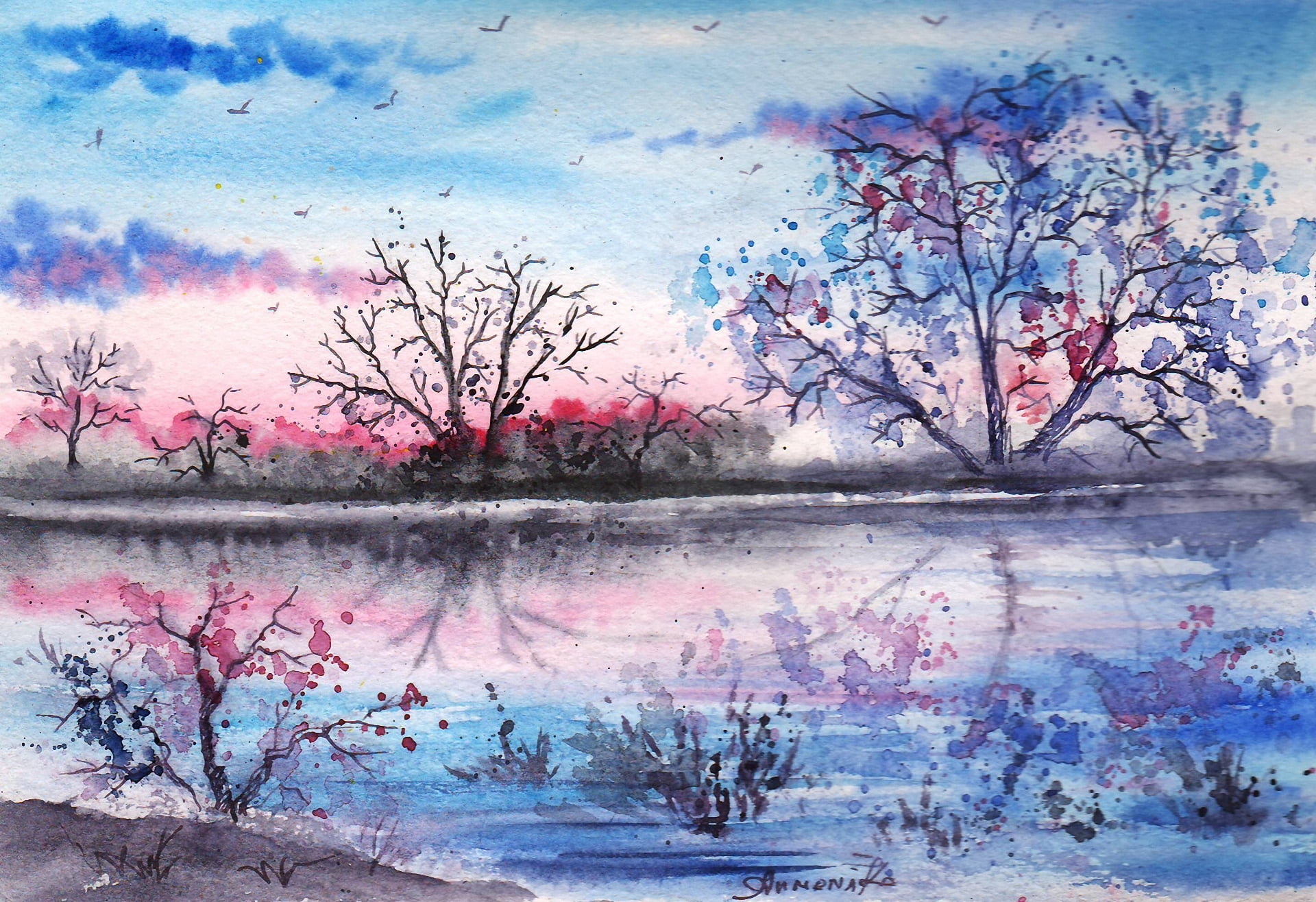 winter, beauty In Nature, art, watercolor, reflection, nature, leafless, abstract, paintings, cloud - sky, tranquil scene, autumn, watercolor Painting, HD Wallpaper