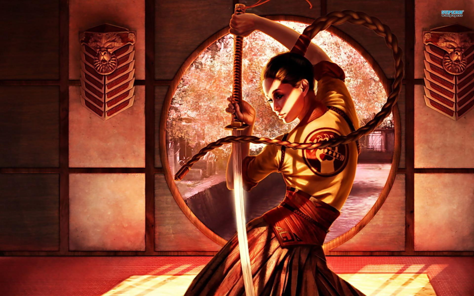 katana, conqueror, sword, woman, fantasy, 1080P, 3d and abstract, holding, character, samurai, HD Wallpaper