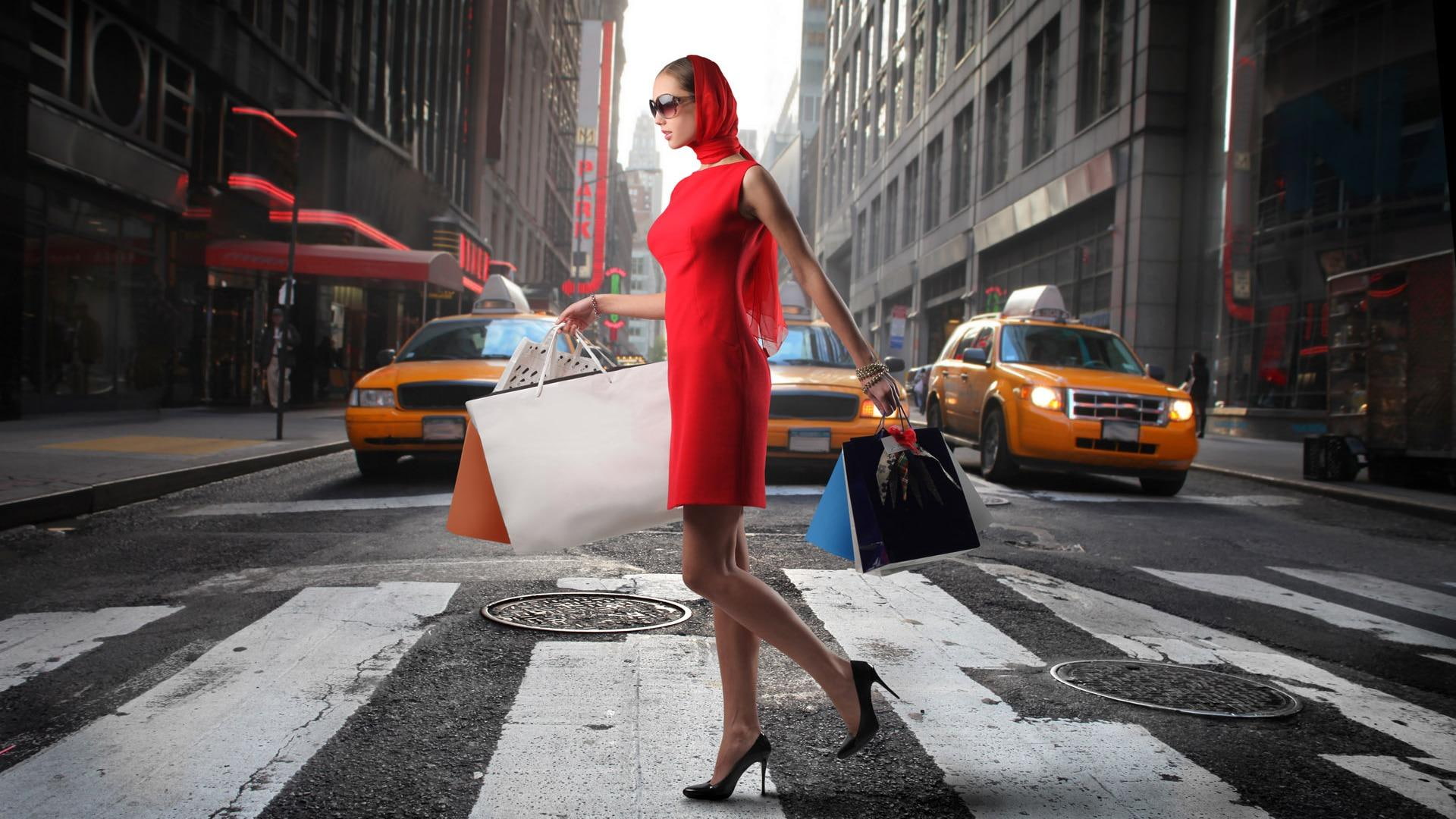 nyc, shopping, street, 3d and abstract, dress, red dress, 1080P, woman, red, HD Wallpaper