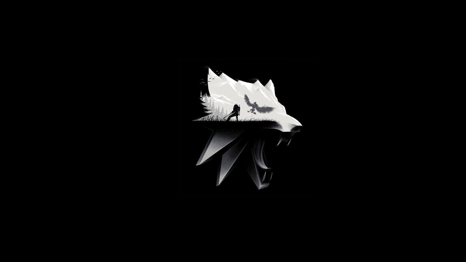 The Witcher 3: Wild Hunt, fangs, mountains, video games, dark, minimalism, animals, The Witcher, monochrome, simple background, 1080P, HD Wallpaper