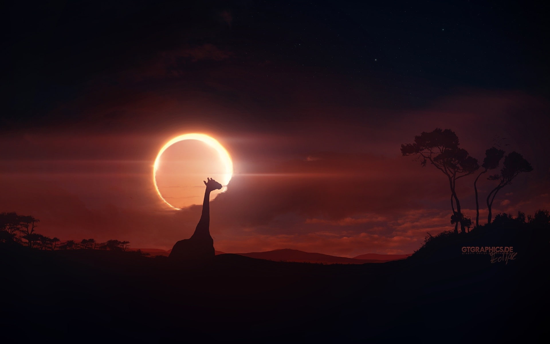 cloud - sky, beauty in nature, tranquil scene, eclipse, moon, moonlight, environment, plant, digital art, no people, night, tranquility, scenics - nature, HD Wallpaper