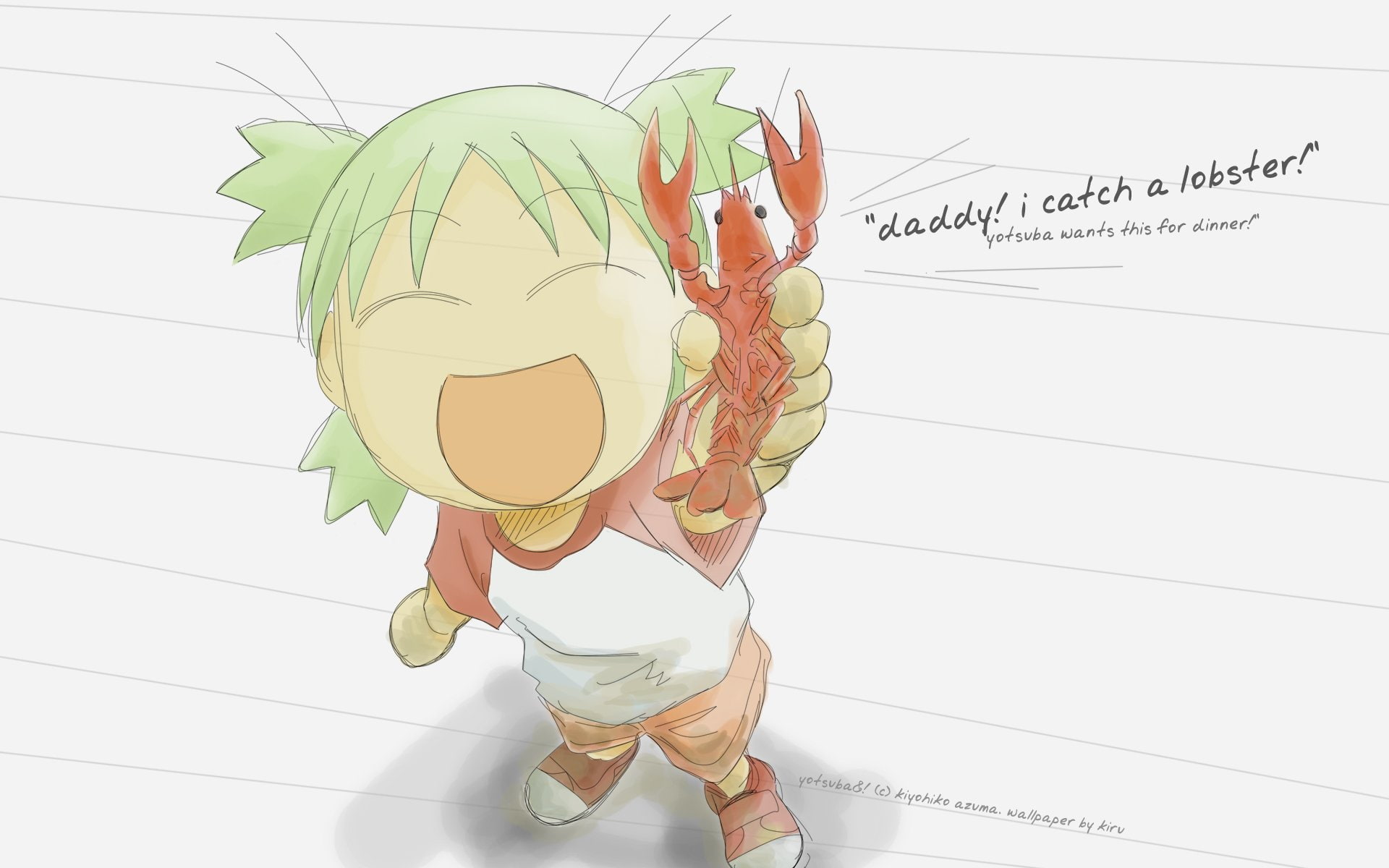 mouth, lobsters, green, hair, yotsubato, eyes, manga, food, open, closed, 1080P, yotsuba, HD Wallpaper