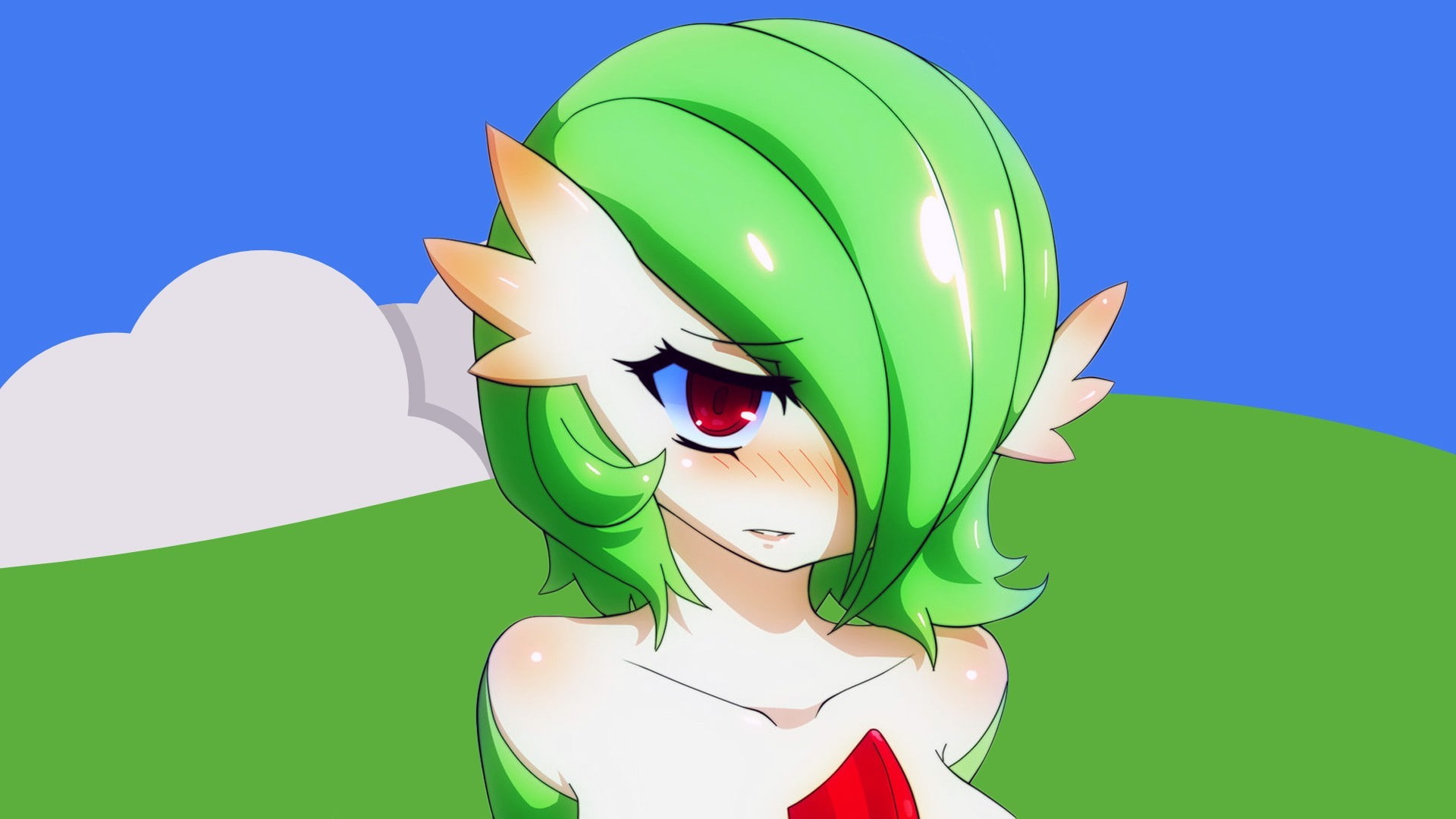 colored background, one person, young women, portrait, 1080P, balloon, headshot, hairstyle, green color, blue, multi colored, nature, gardevoir anime, HD Wallpaper