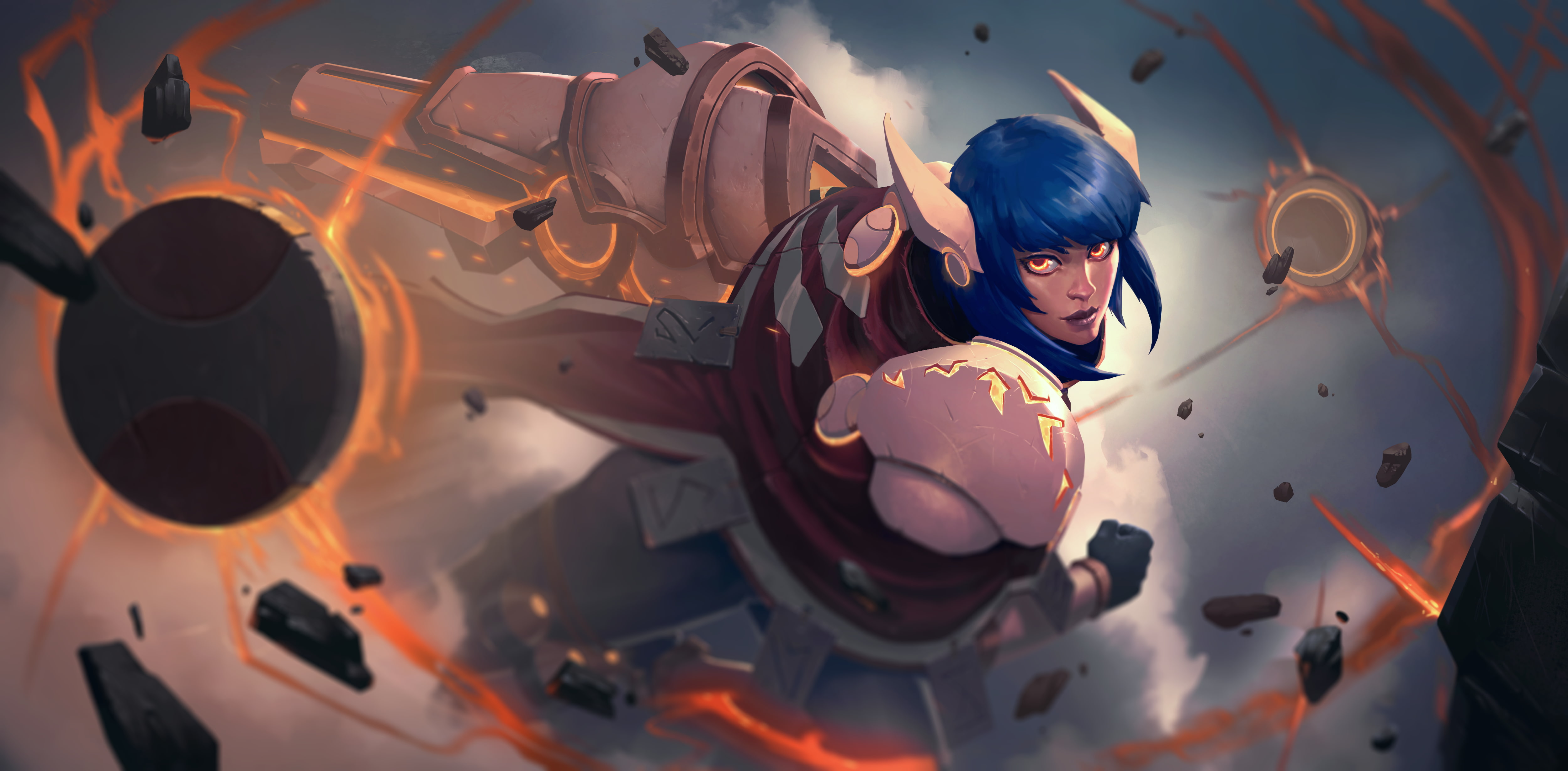 warrior, looking at viewer, science fiction, 4K, Destiny (Battlerite), digital art, blue hair, artwork, Battlerite, video games, yellow eyes, HD Wallpaper