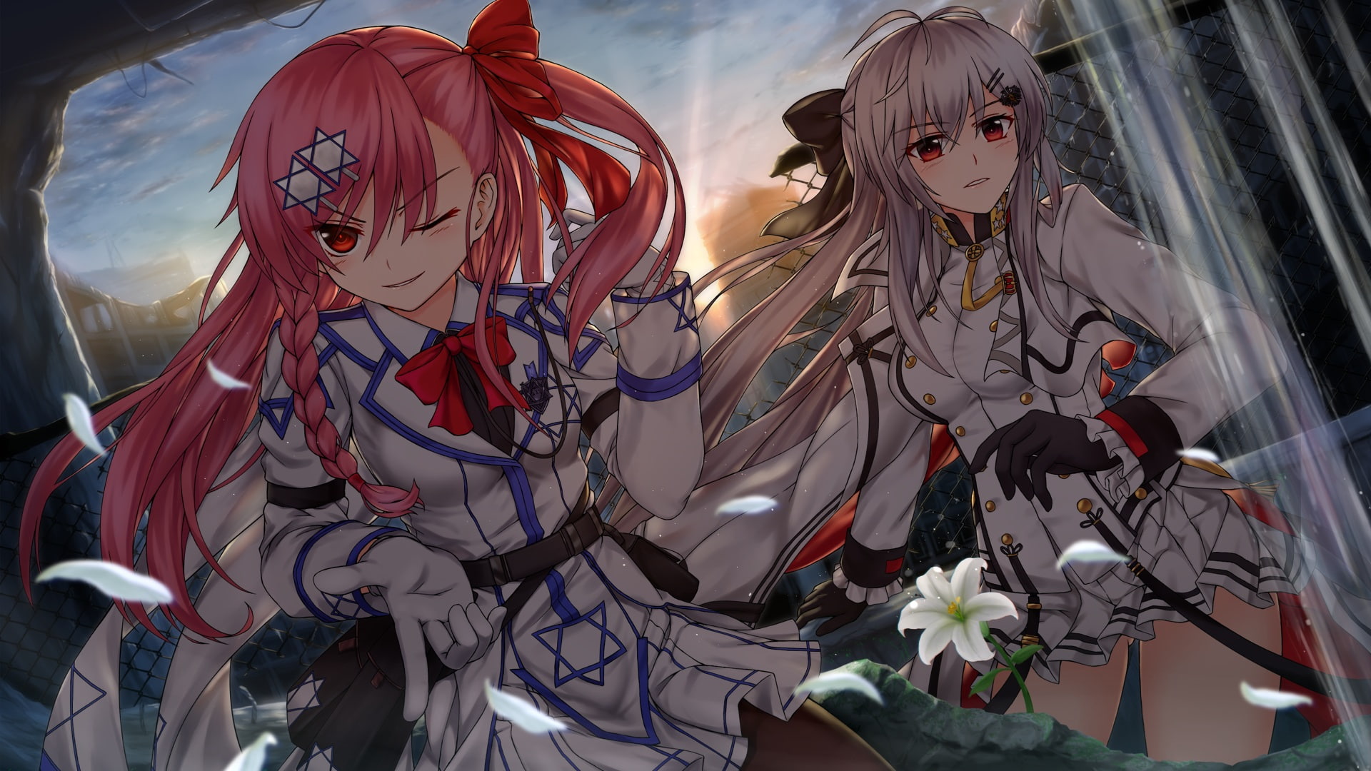 com, 2girls, frontline, uniform, konachan, red, flowers, eyes, zero, braids, sky, bow, pink, 262284, clouds, chien, girls, skirt, wink, hair, 1080P, gloves, HD Wallpaper