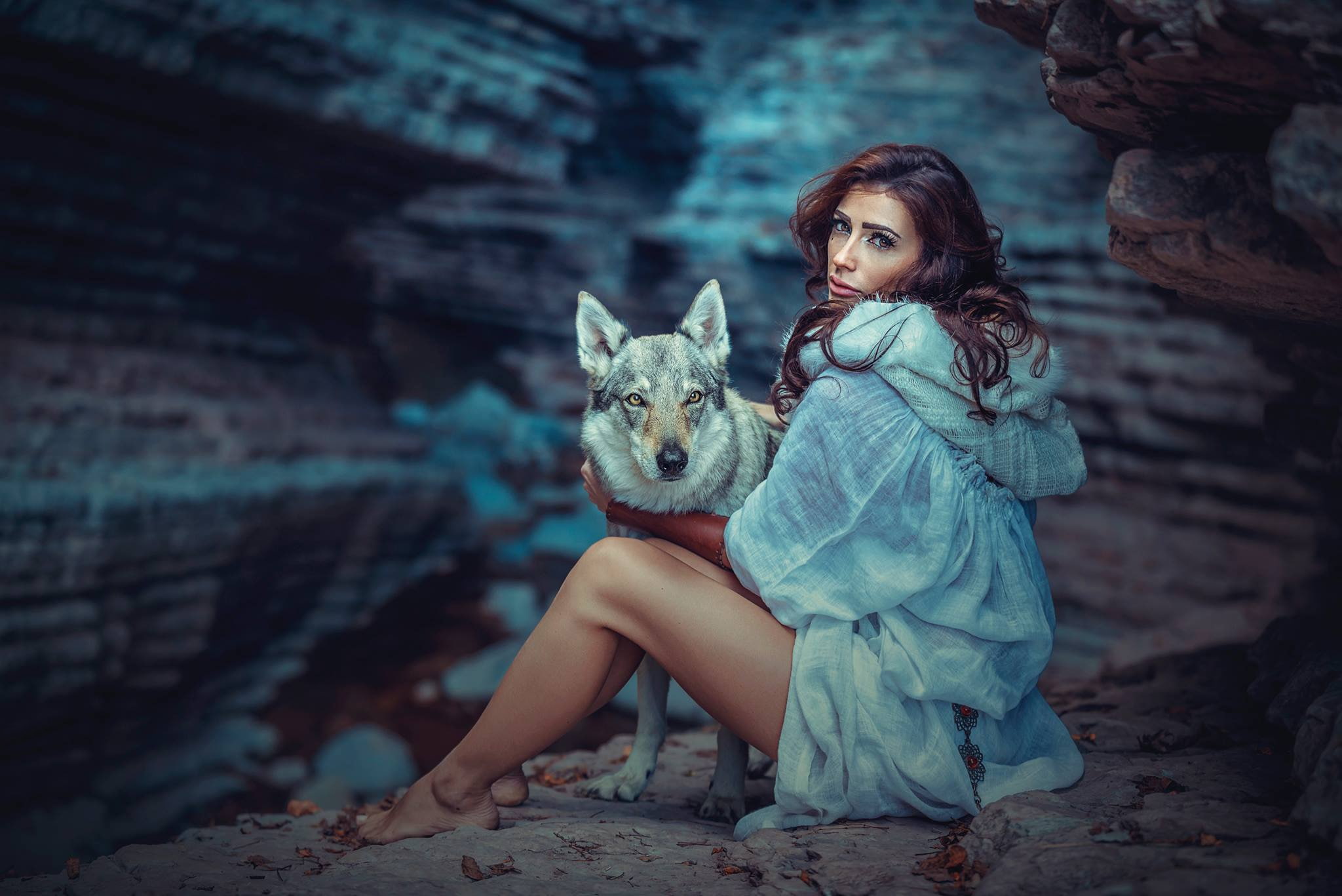 dog, model, beautiful people, domestic animals, hairstyle, portrait, sitting, legs, beautiful woman, adult, beauty, wolf, cave, brunette, domestic, full length, HD Wallpaper