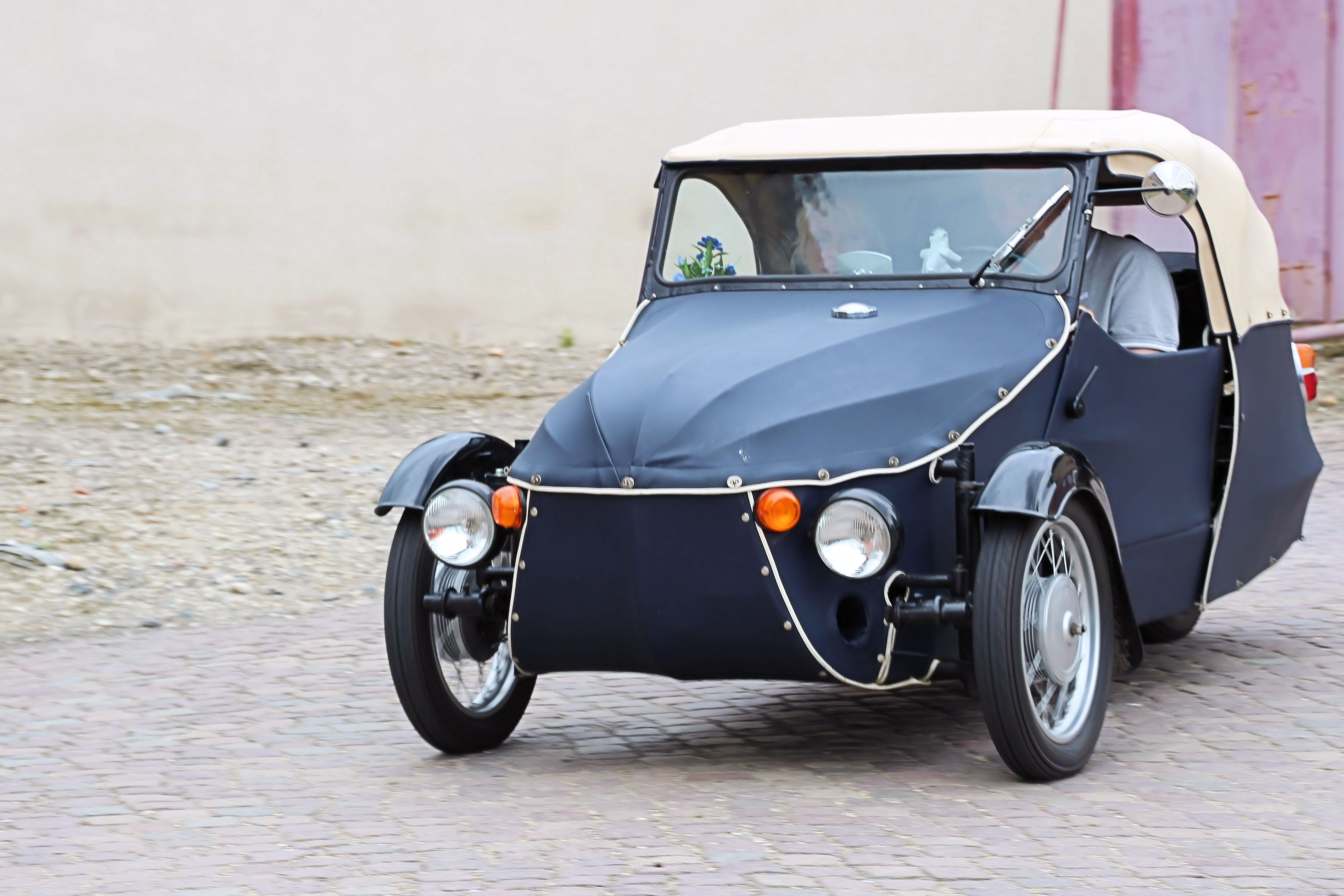 black color, land vehicle, car, parking, side view, velorex, stationary, auto, transportation, retro styled, focus on foreground, old, city, tricycle, street, HD Wallpaper
