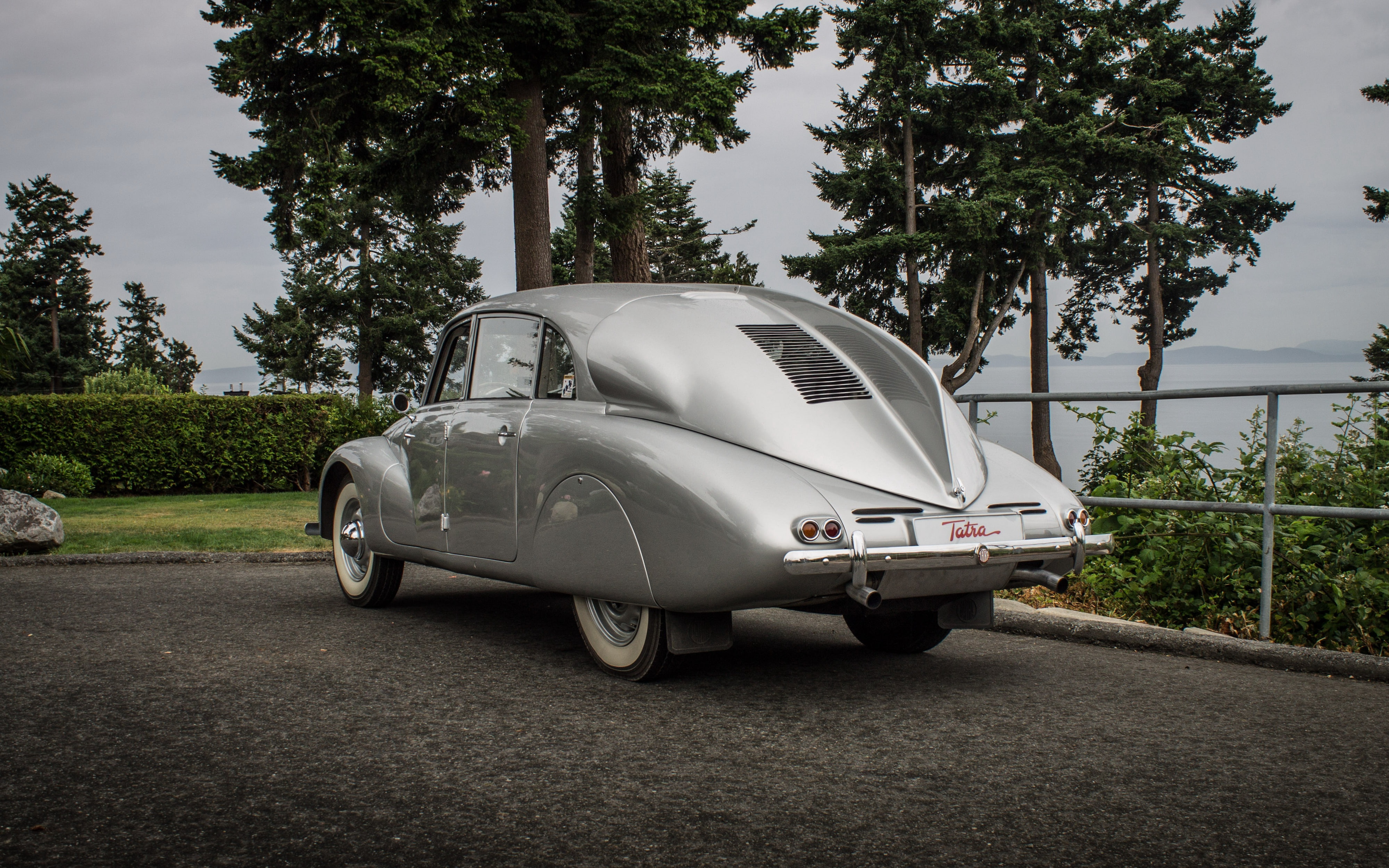 Czechoslovakia, asphalt, silver, background, trees, Fastback, Tatra 87, 4K, retro, the bushes, Executive, HD Wallpaper