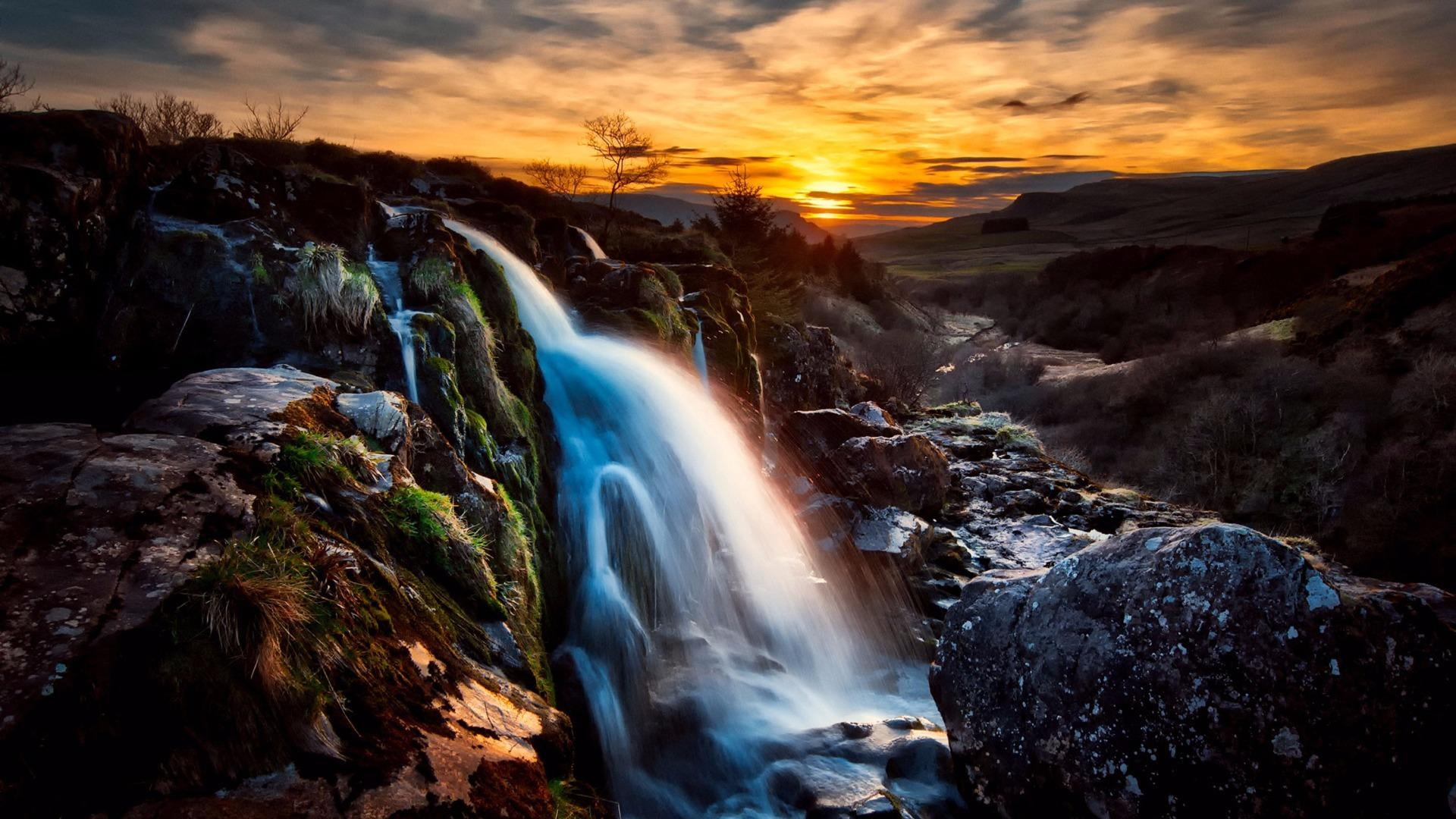 mountain, endrick falls, 1080P, non-urban scene, landscape, united kingdom, environment, loup of fintry, formation, solid, rock - object, scotland, sky, HD Wallpaper