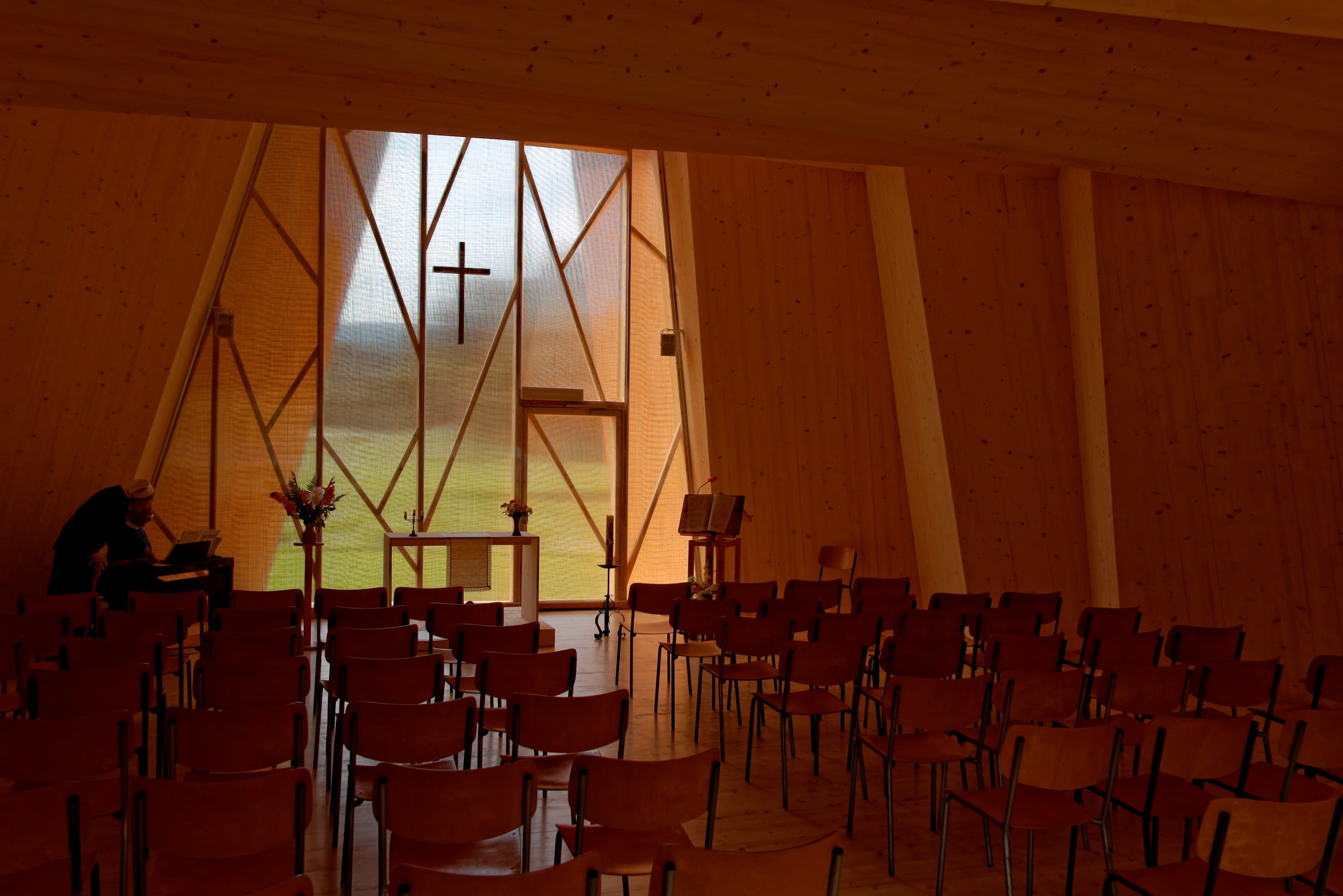 no people, chapelle, chapel, architecture, stage, absence, in a row, nature, timber construction, day, saint loup, large group of objects, seat, sky, 2K, HD Wallpaper