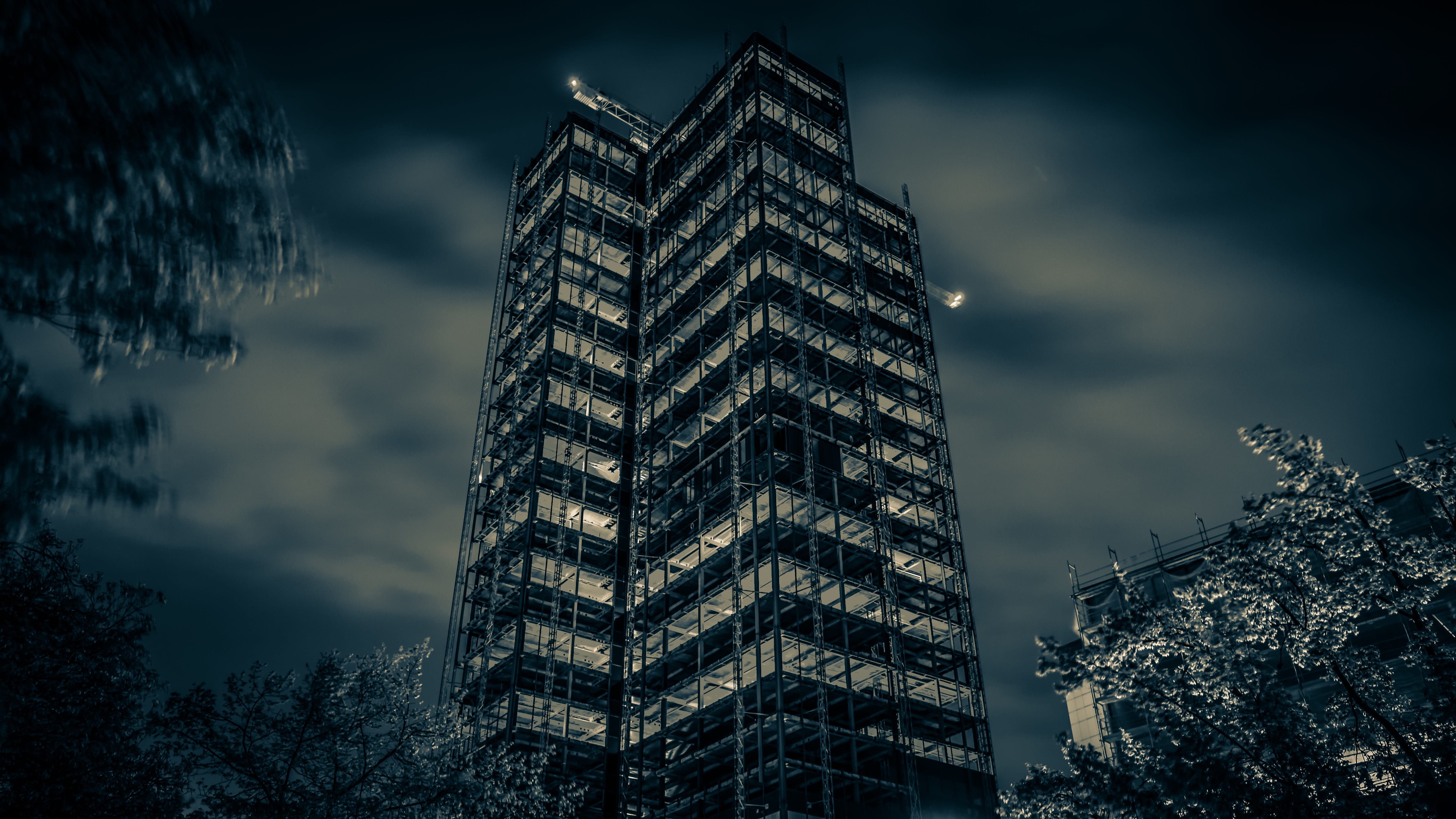 nature, modern, sky, cloud - sky, tall - high, illuminated, architecture, site, skyscraper, no people, berlin, building, rehabilitation, outdoors, black and white, HD Wallpaper