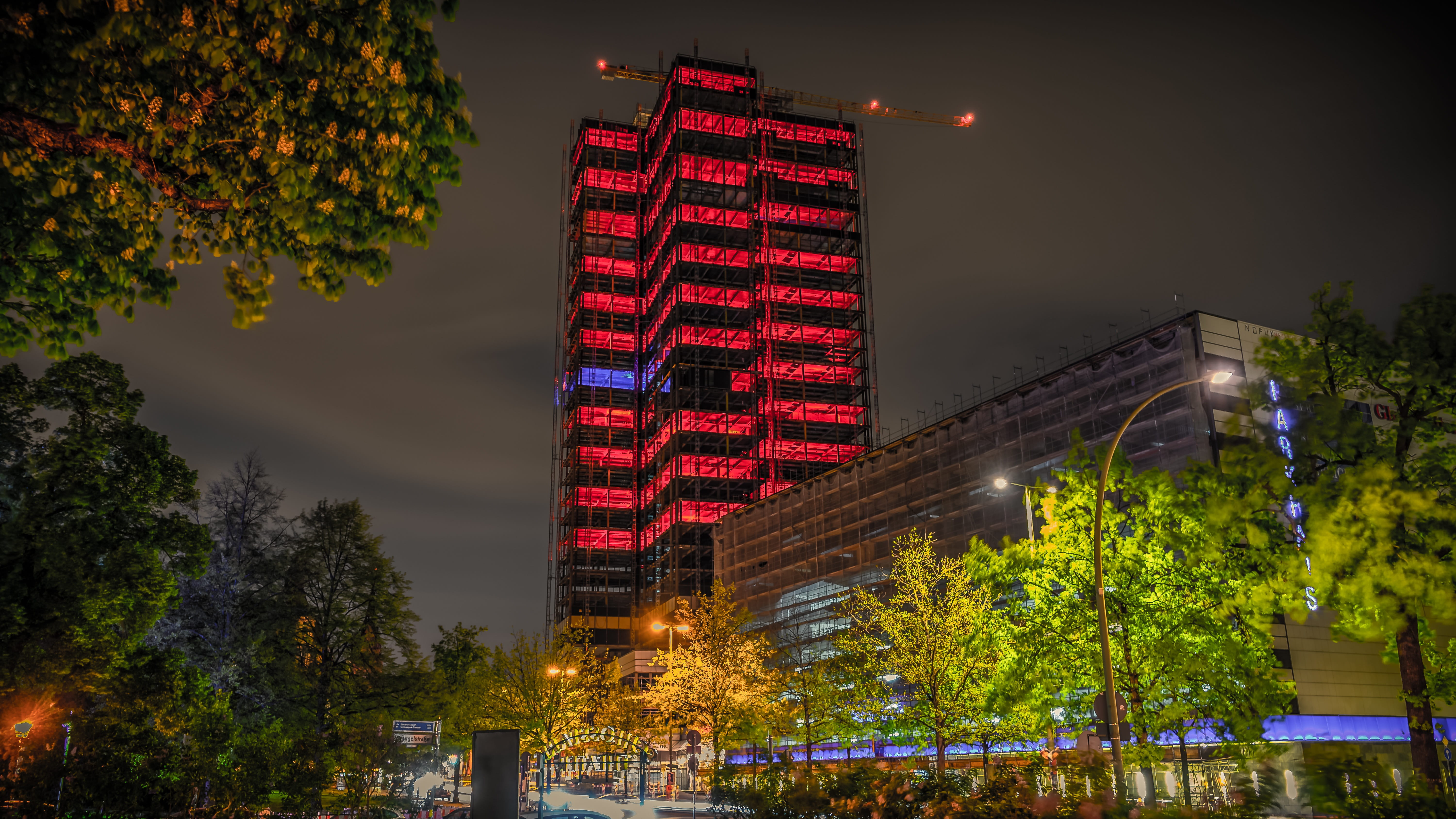 5K, building, tree, skyscraper, city, celebration, dark, night, built structure, modernization, site, rehabilitation, plant, lighting, evening, lighting equipment, HD Wallpaper