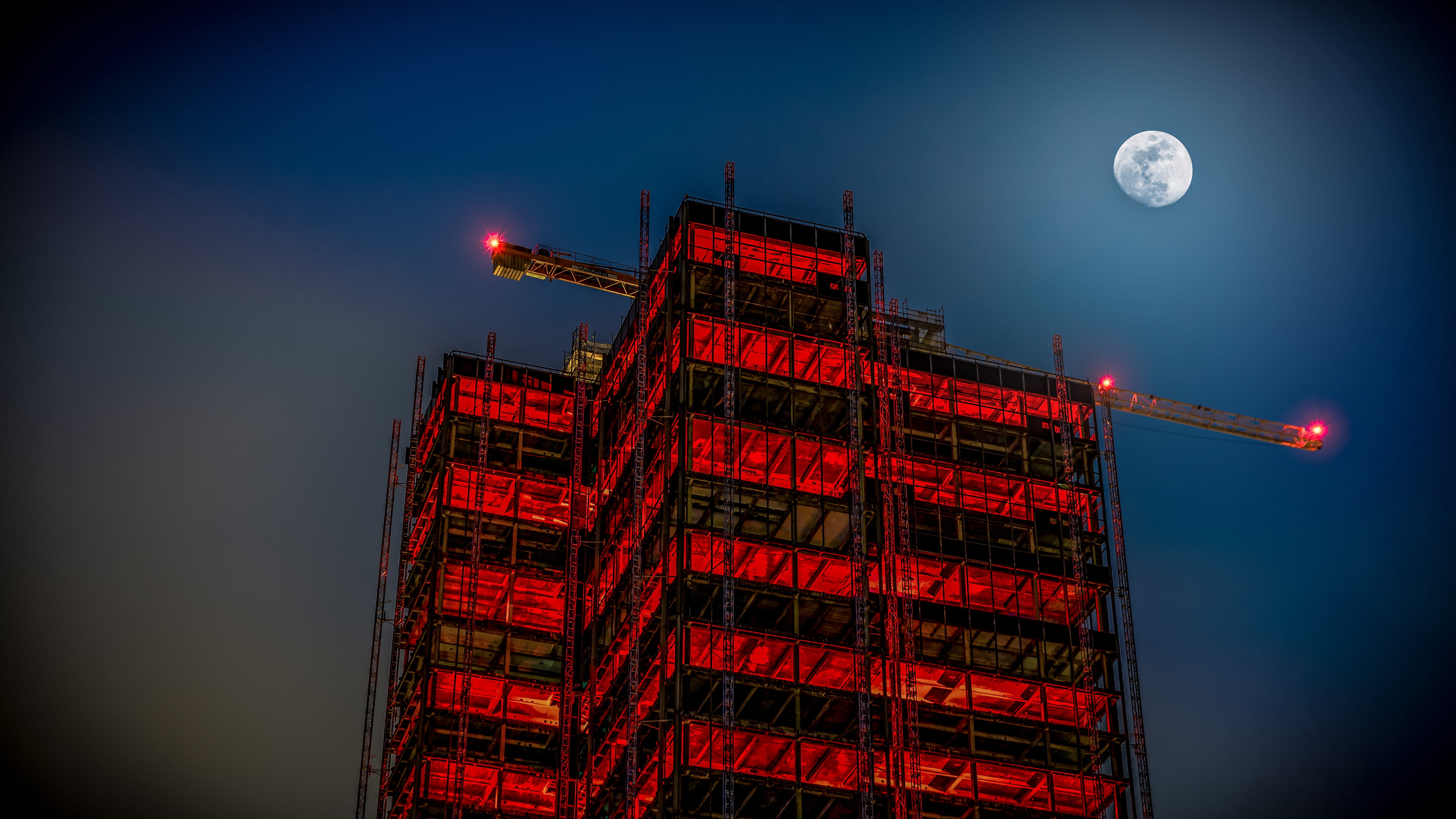 built structure, low angle view, skyscraper, steglitzer kreisel, light, moonlight, space, city, architecture, illuminated, scaffold, building, structure, HD Wallpaper