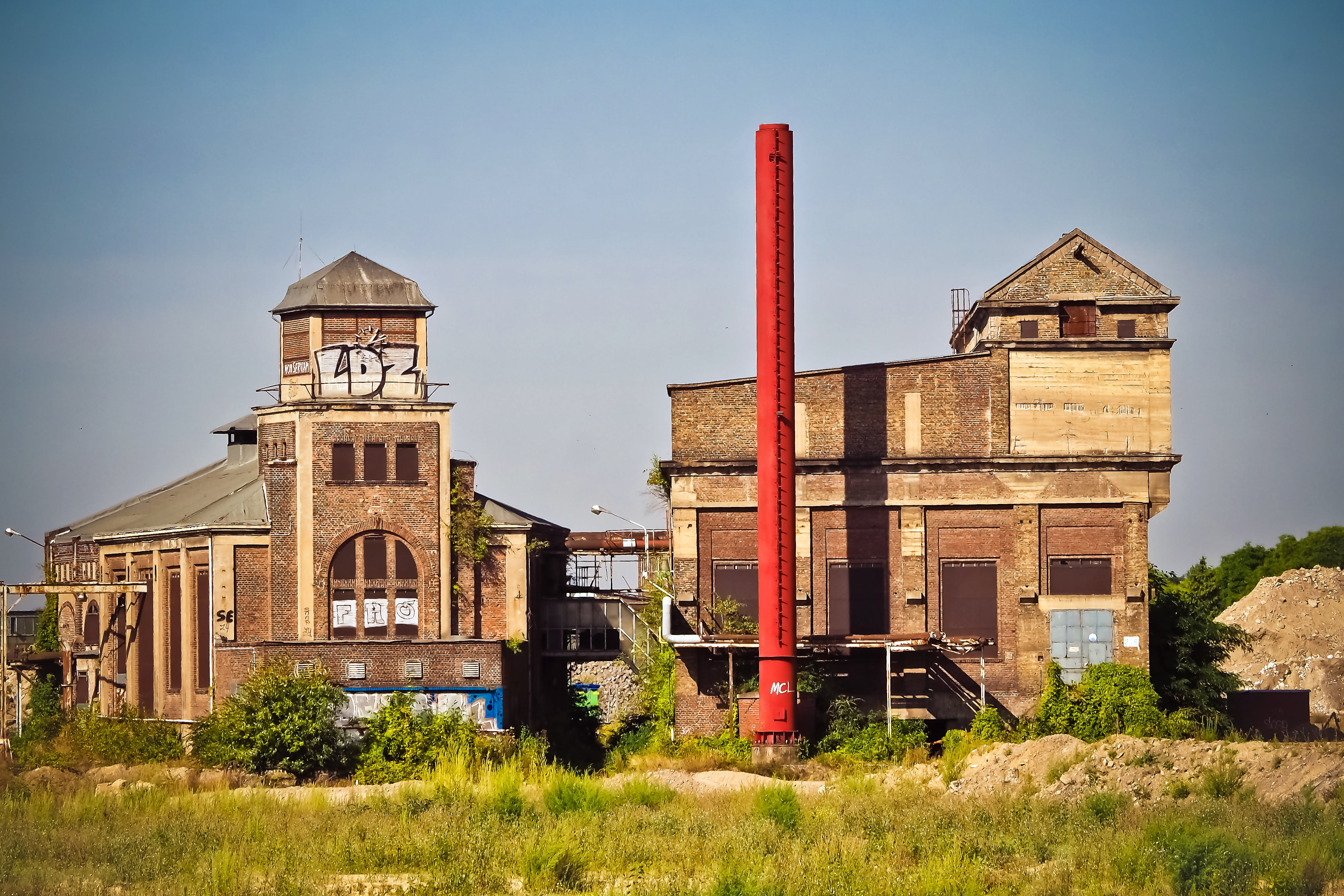 tower, decay, factory building, no people, lapsed, day, history, land, urban, two, industrial building, front, factory hall, industrial architecture, pole, HD Wallpaper