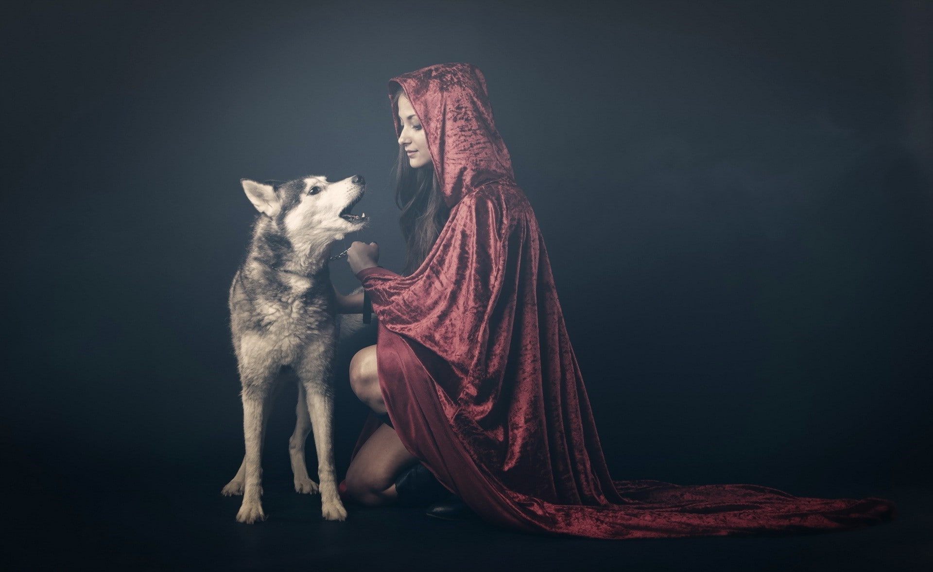 red, dog, fantasy Art, women, model, 1080P, Hoods, animals, Robes, chains, HD Wallpaper