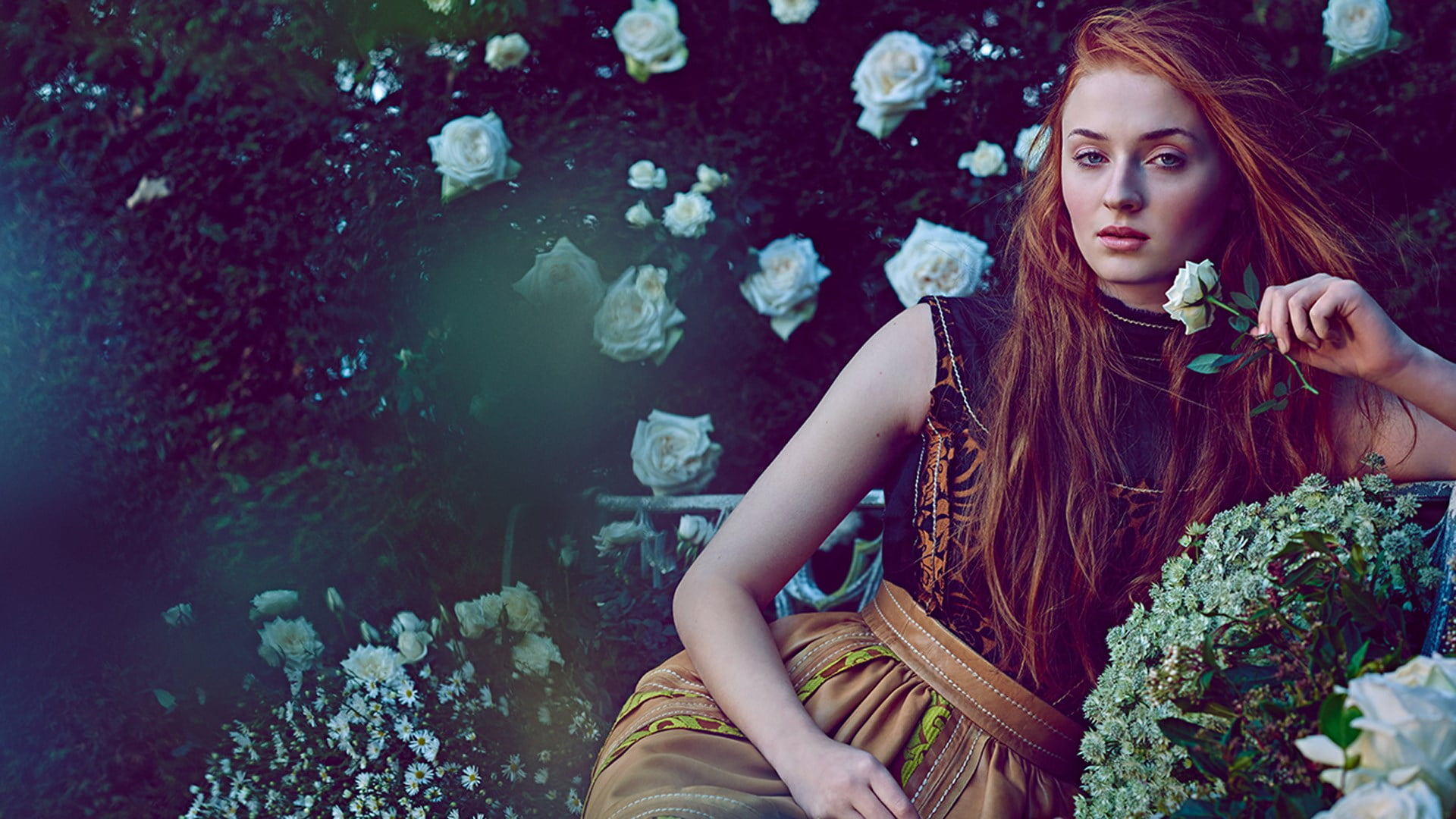 actress, long hair, nature, beauty, hair, Sophie Turner, portrait, redhead, flowers, water, rose, beautiful woman, young women, young adult, women, 1080P, HD Wallpaper