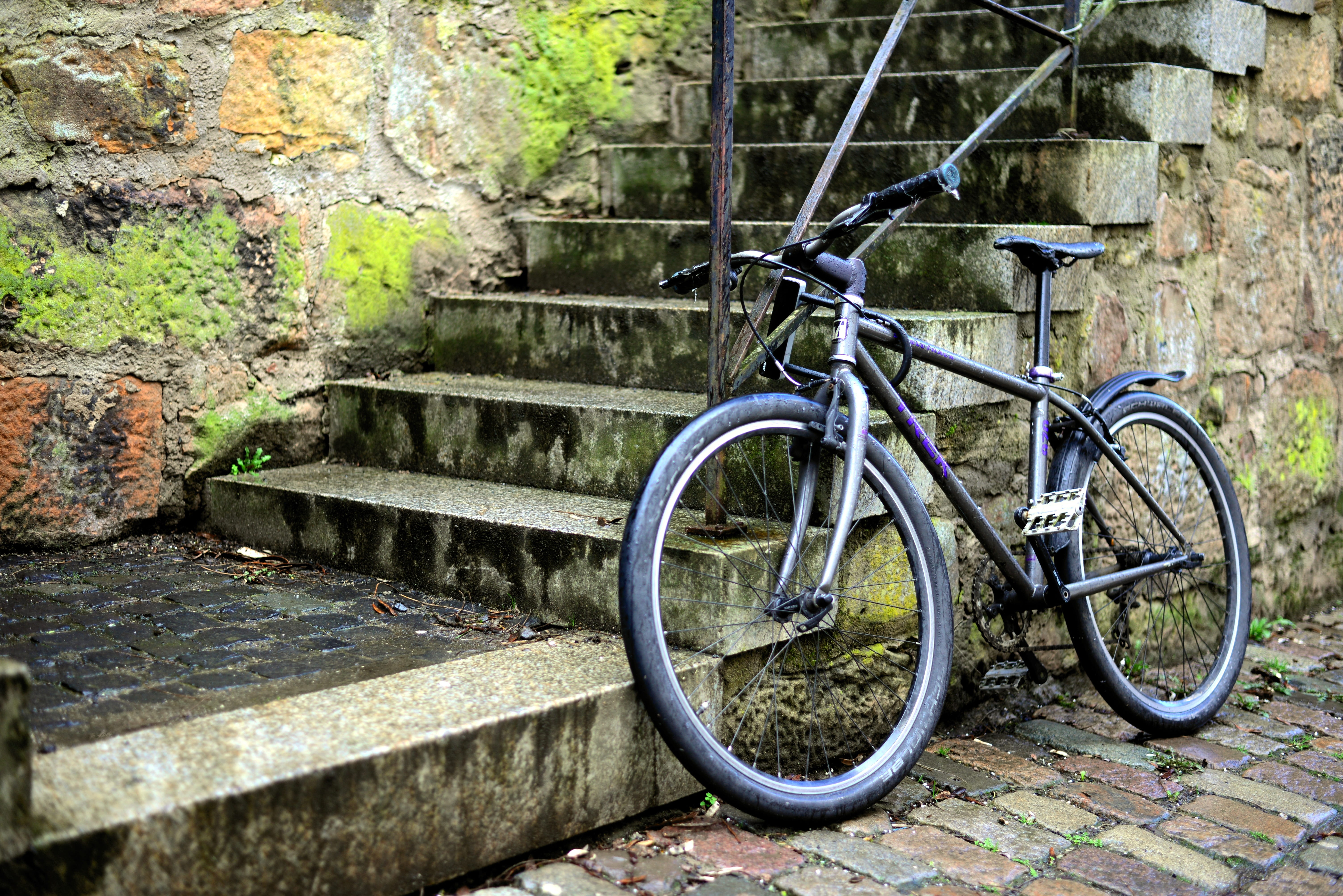 wall - building feature, stone wall, staircase, transport, park, stationary, stairs, transportation, wall, bicycle, outdoors, old, parking possibility, HD Wallpaper