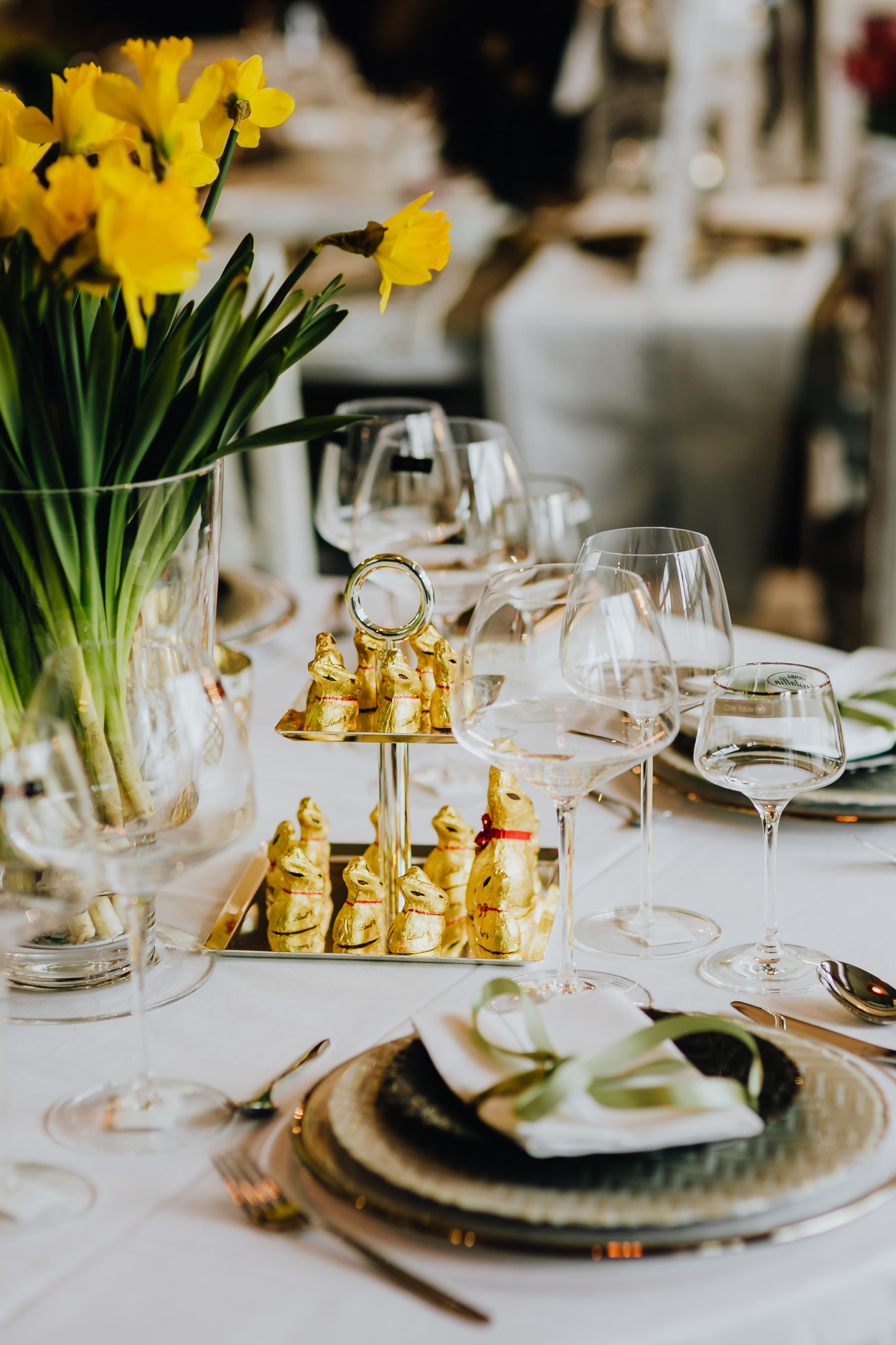 elegance, bunnies, flower, drinking glass, table set, arrangement, plate, easter, no people, golden, setting, indoors, chocolate, food and drink, selective focus, Phone HD Wallpaper