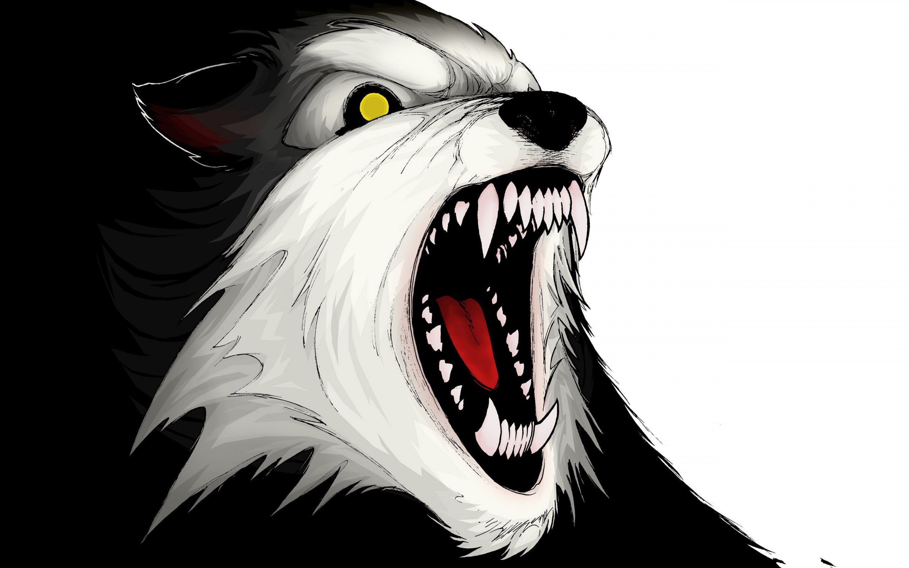 fantasy art, 4K, white, wolf, creature, red, yellow eyes, artwork, teeth, HD Wallpaper