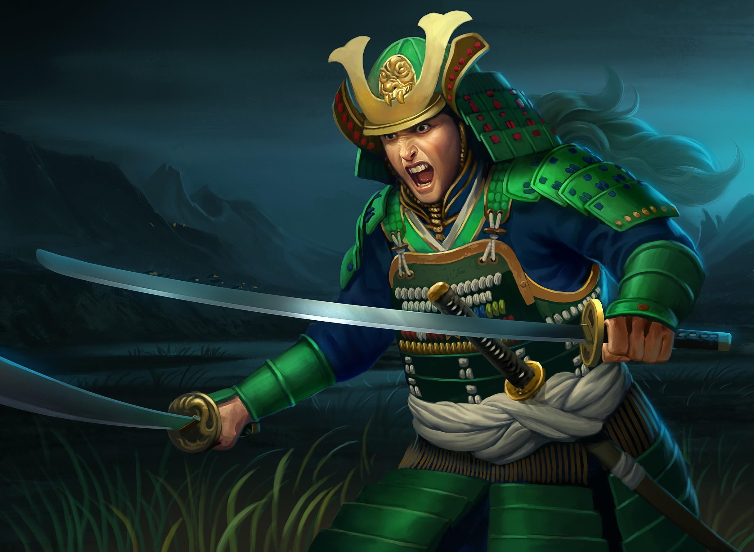 two, clothing, warrior, weapon, sport, power, smiling, fantasy, sword, attack, young adult, emotion, fun, males, illustration, costume, portrait, one Person, HD Wallpaper