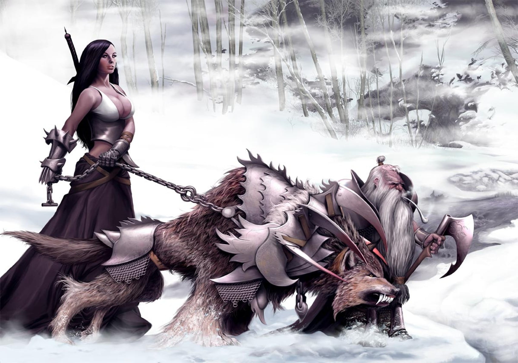 wolf, people, holding, warrior, dwarfs, representation, black, young adult, sculpture, winter, real people, day, sword, two, ceramic, nature, chains, weapon, HD Wallpaper