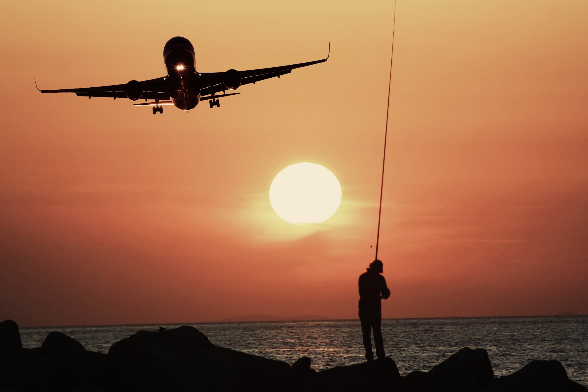 mode of transportation, outdoor, Aircraft, golden, horizon over water, fishing, coastline, air vehicle, 1080P, leisure, water, sea, scenics - nature, transportation, HD Wallpaper