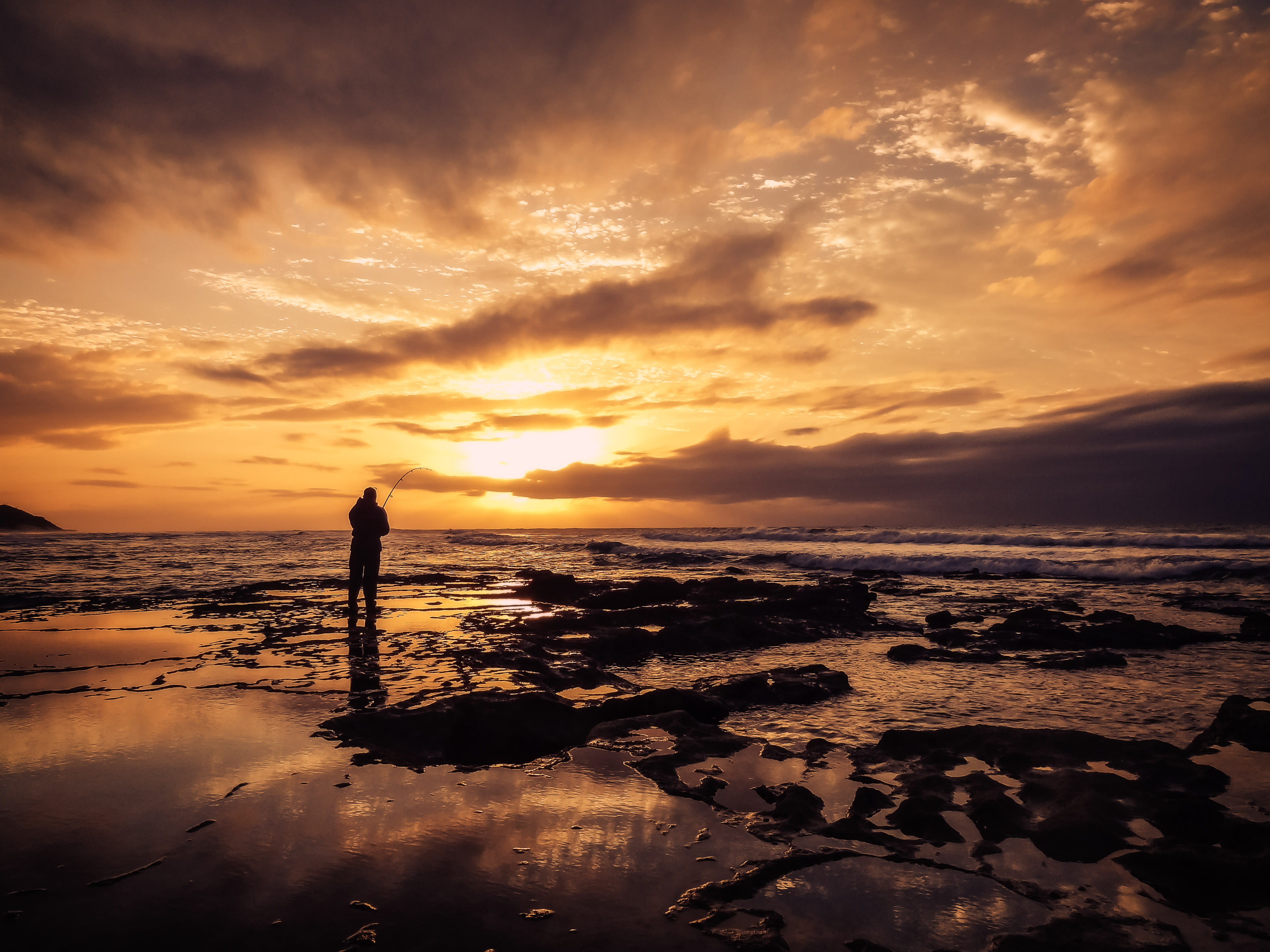 fishing, photo, golden, tranquil Scene, rock, outdoors, scenics - nature, sunrise, man, silhouette, cloud, real people, golden hour, tranquility, water, HD Wallpaper