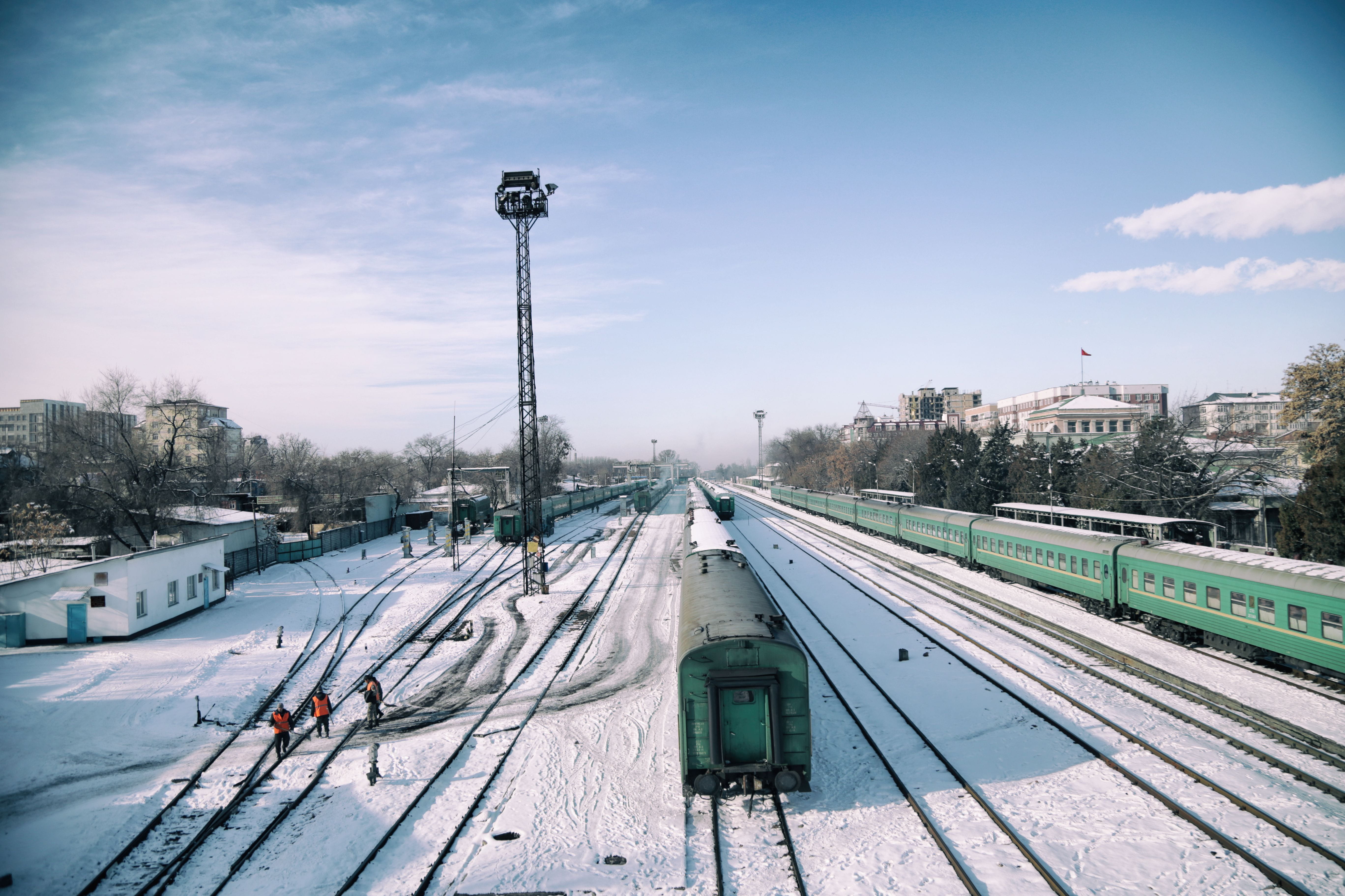 snow, track, 5K, transportation, snowcapped mountain, cloud - sky, architecture, bishkek, winter, street light, public transportation, railroad track, HD Wallpaper