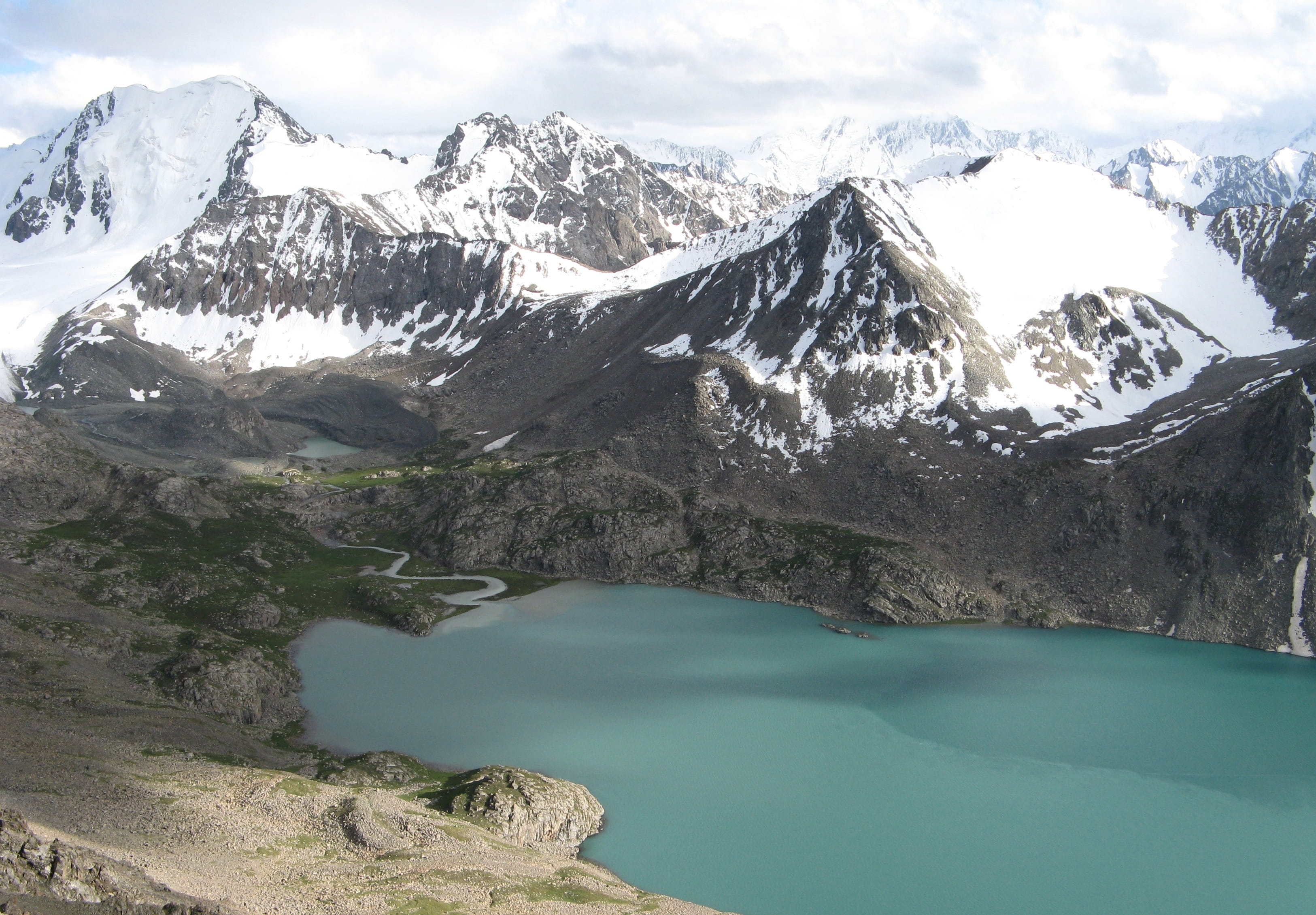cold temperature, 2K, sky, tranquil scene, day, mountain peak, snowy, cloud - sky, beauty in nature, water, no people, lake, kyrgyzstan, turquoise colored, HD Wallpaper