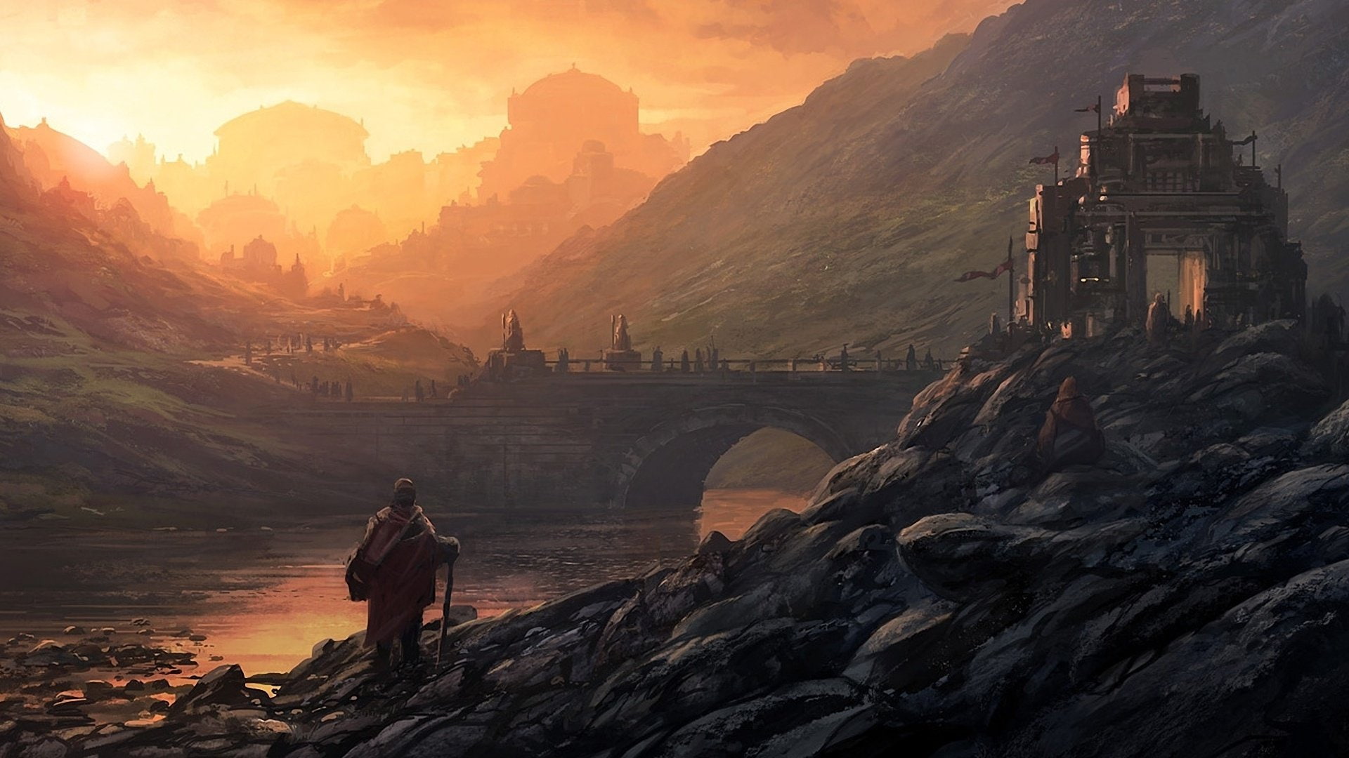 Andreas, city, landscape, People, river, bridge, 1080P, art, Rocha, castle, HD Wallpaper
